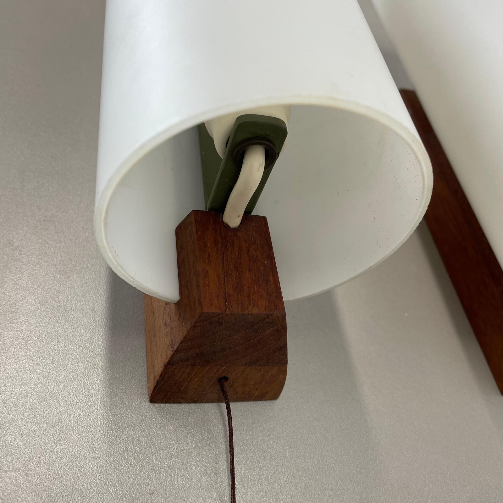 Set Of 2 Minimalist Satin White Glass And Teak Wall Light, Denmark, 1960s photo vinterior