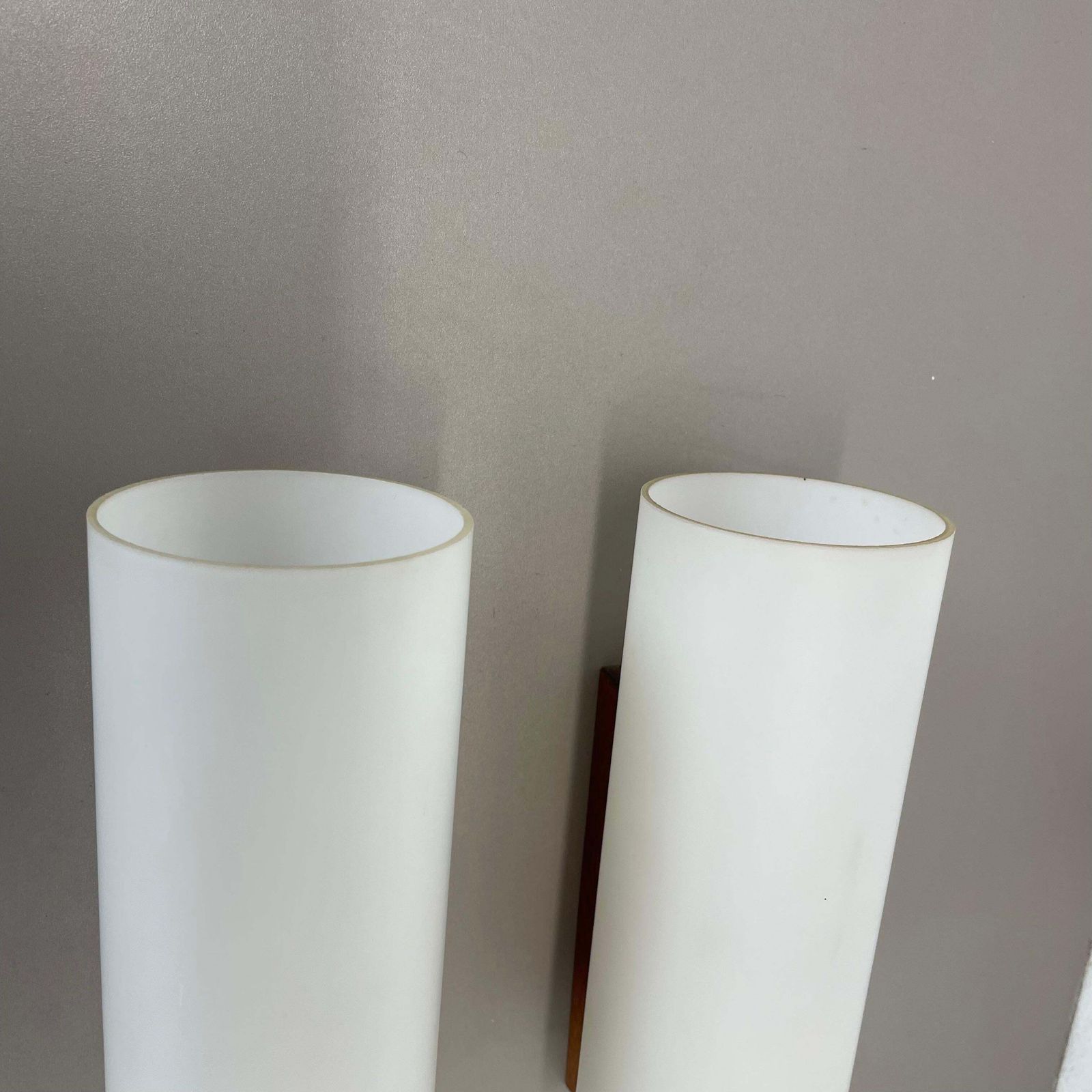 Set Of 2 Minimalist Satin White Glass And Teak Wall Light, Denmark, 1960s photo buy