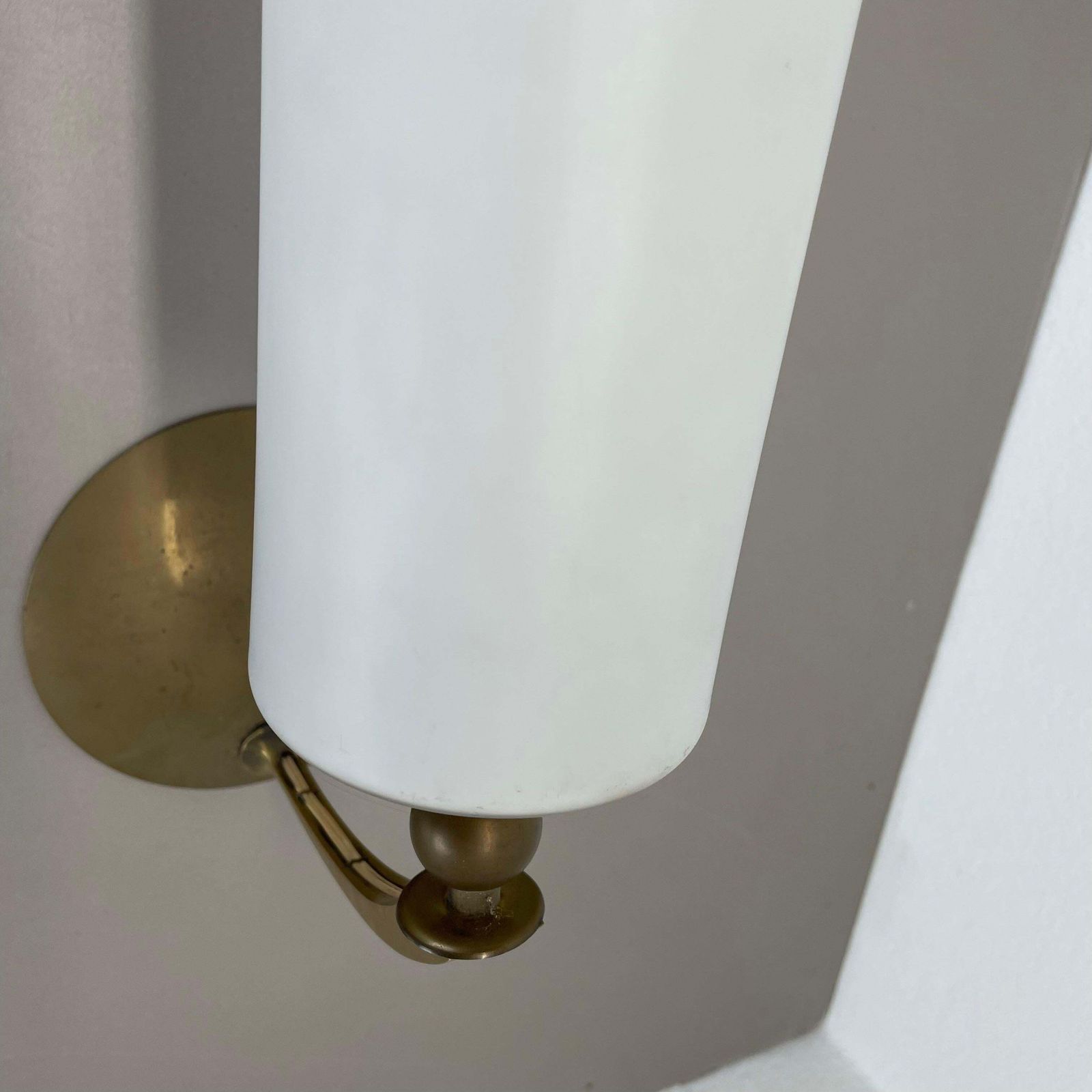 Large 36cm Modernist Brass And Glass Theatre Wall Light Sconces, France, 1950s photo buy