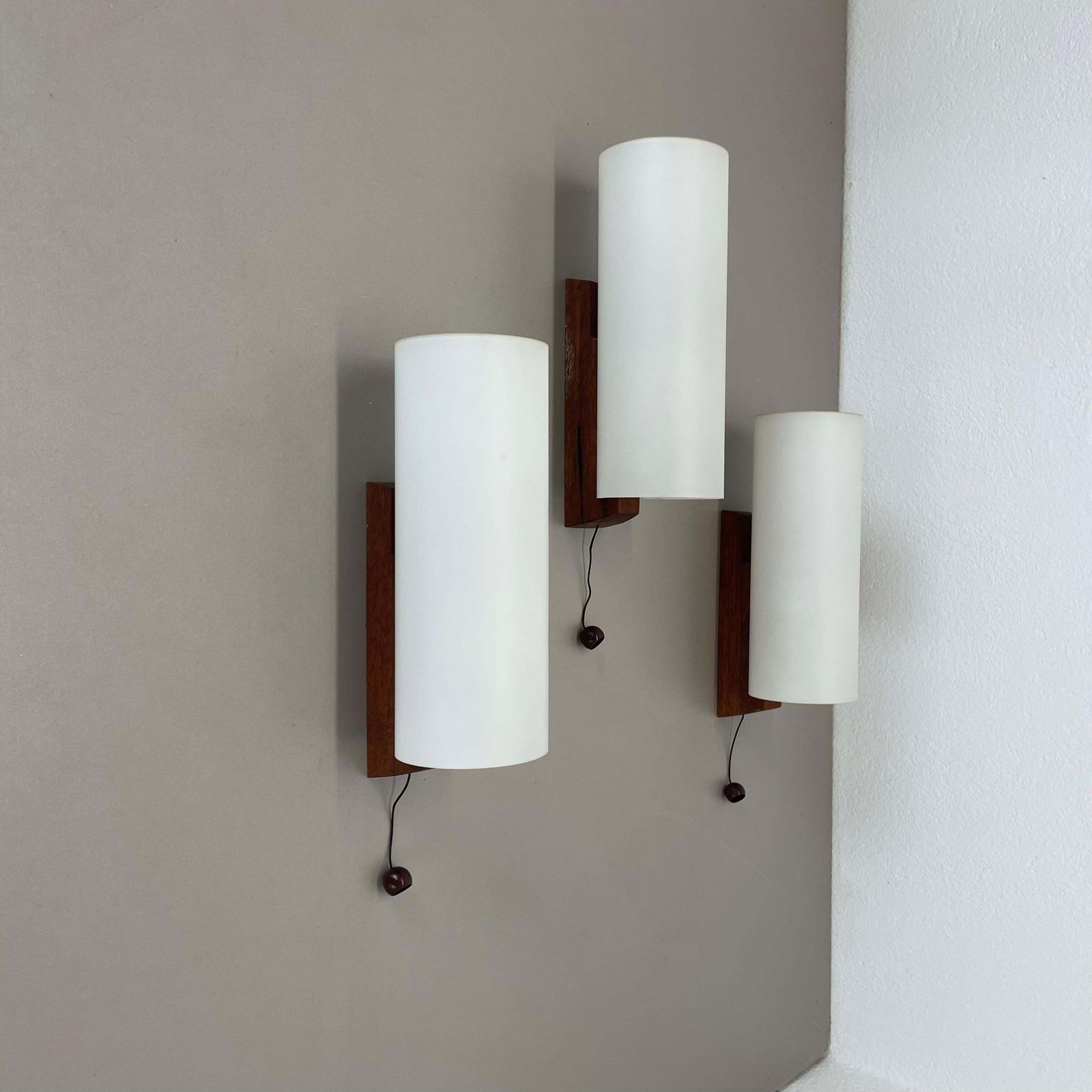 Set Of 3 Minimalist Satin White Glass And Teak Wall Light, Denmark, 1960s photo Lighting