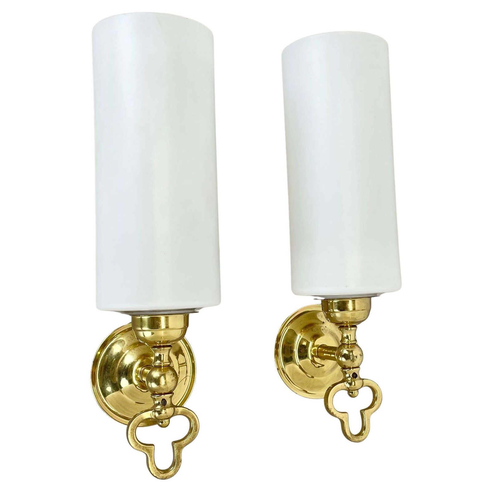 Set Of Two Brass And Satin Glass Theatre Wall Lights Sconces, Italy, 1970s