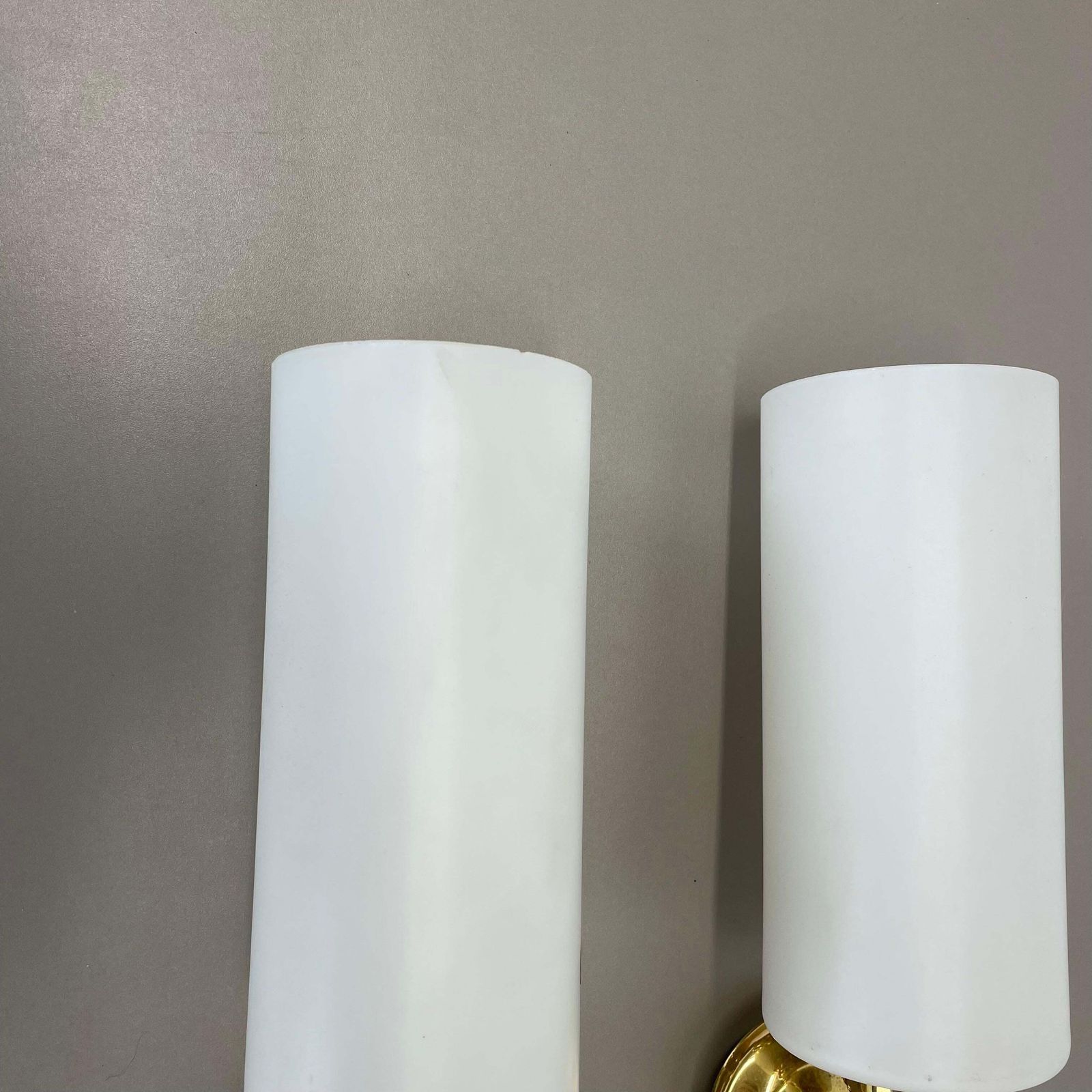 Set Of Two Brass And Satin Glass Theatre Wall Lights Sconces, Italy, 1970s photo for sale