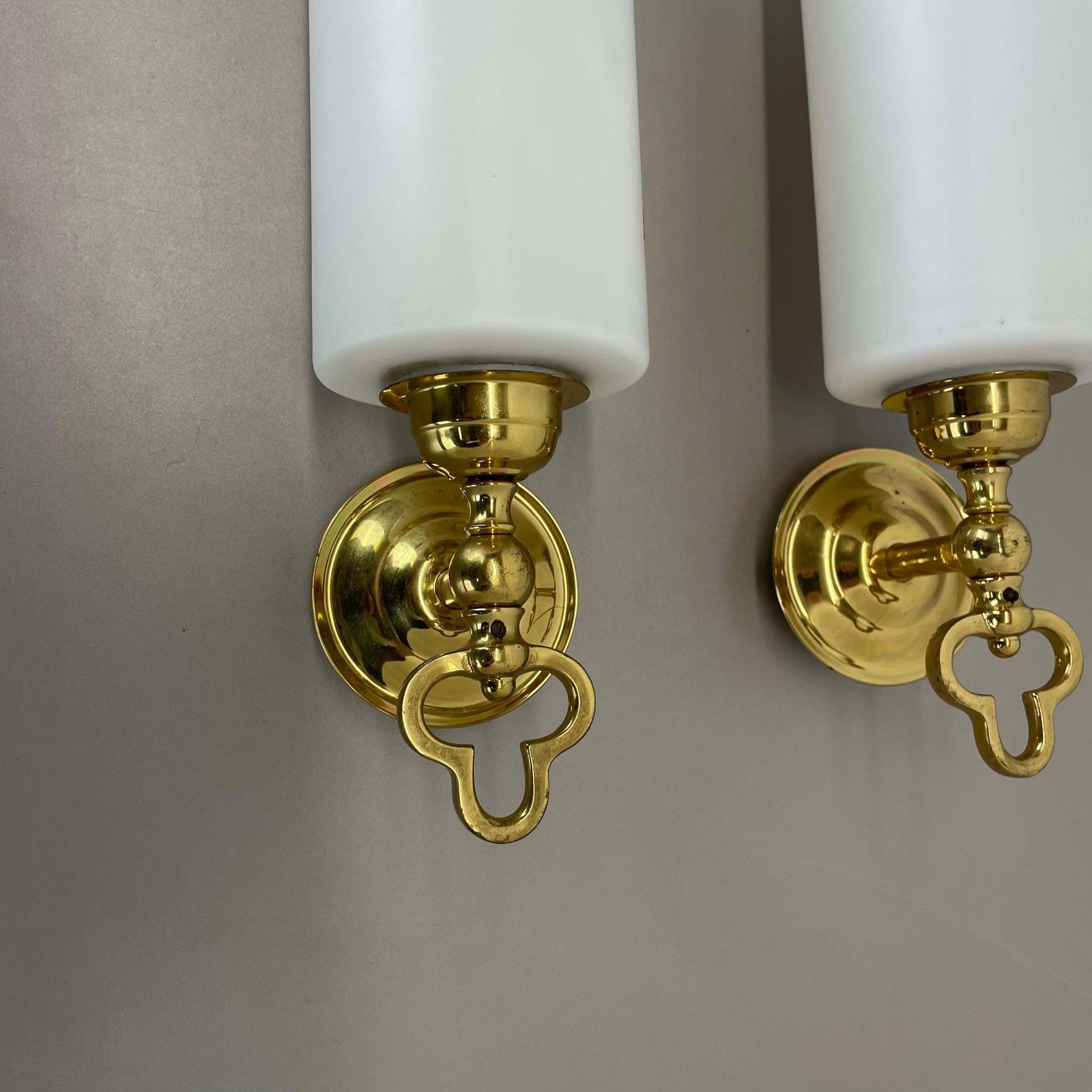 Set Of Two Brass And Satin Glass Theatre Wall Lights Sconces, Italy, 1970s photo 797.0