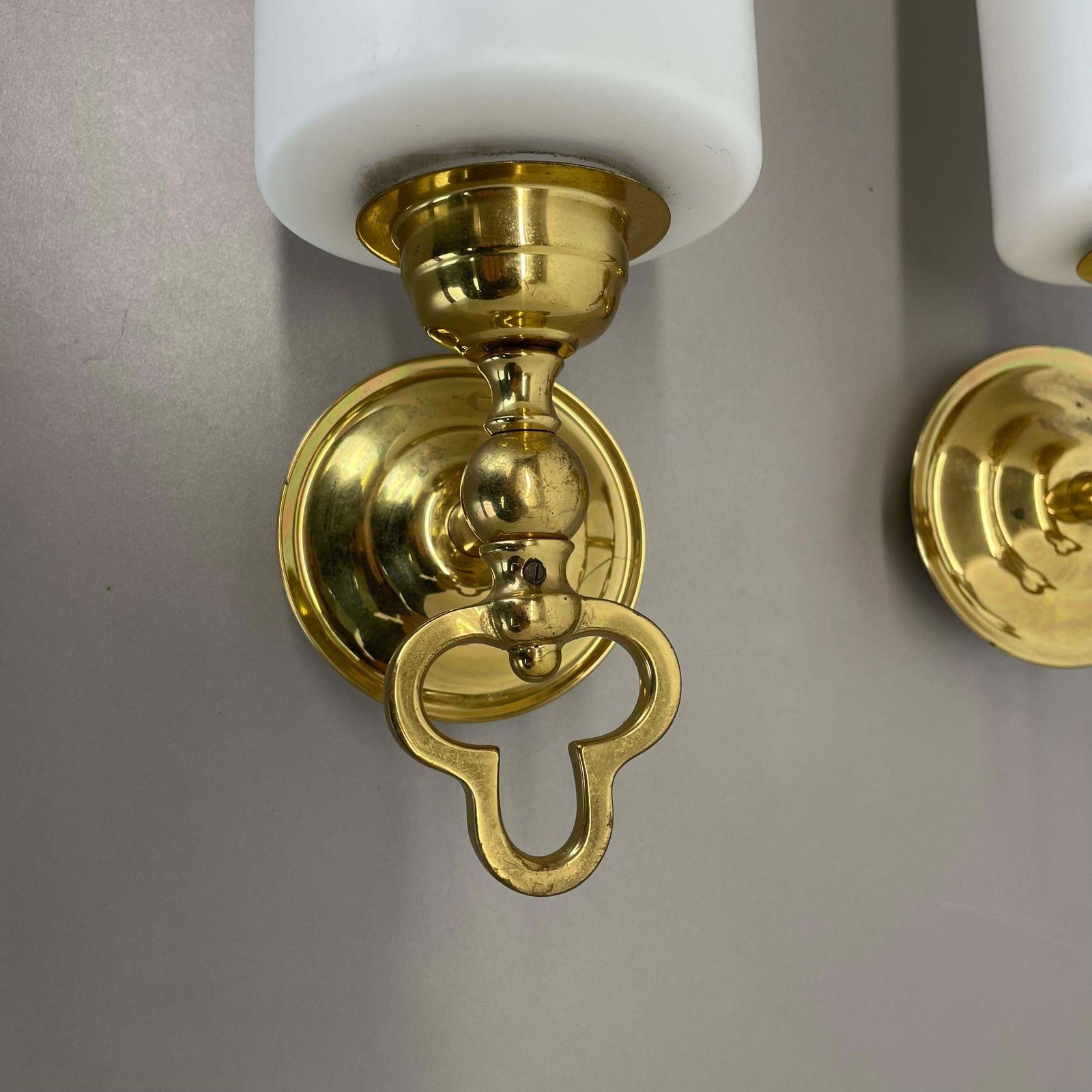 Set Of Two Brass And Satin Glass Theatre Wall Lights Sconces, Italy, 1970s photo vinterior