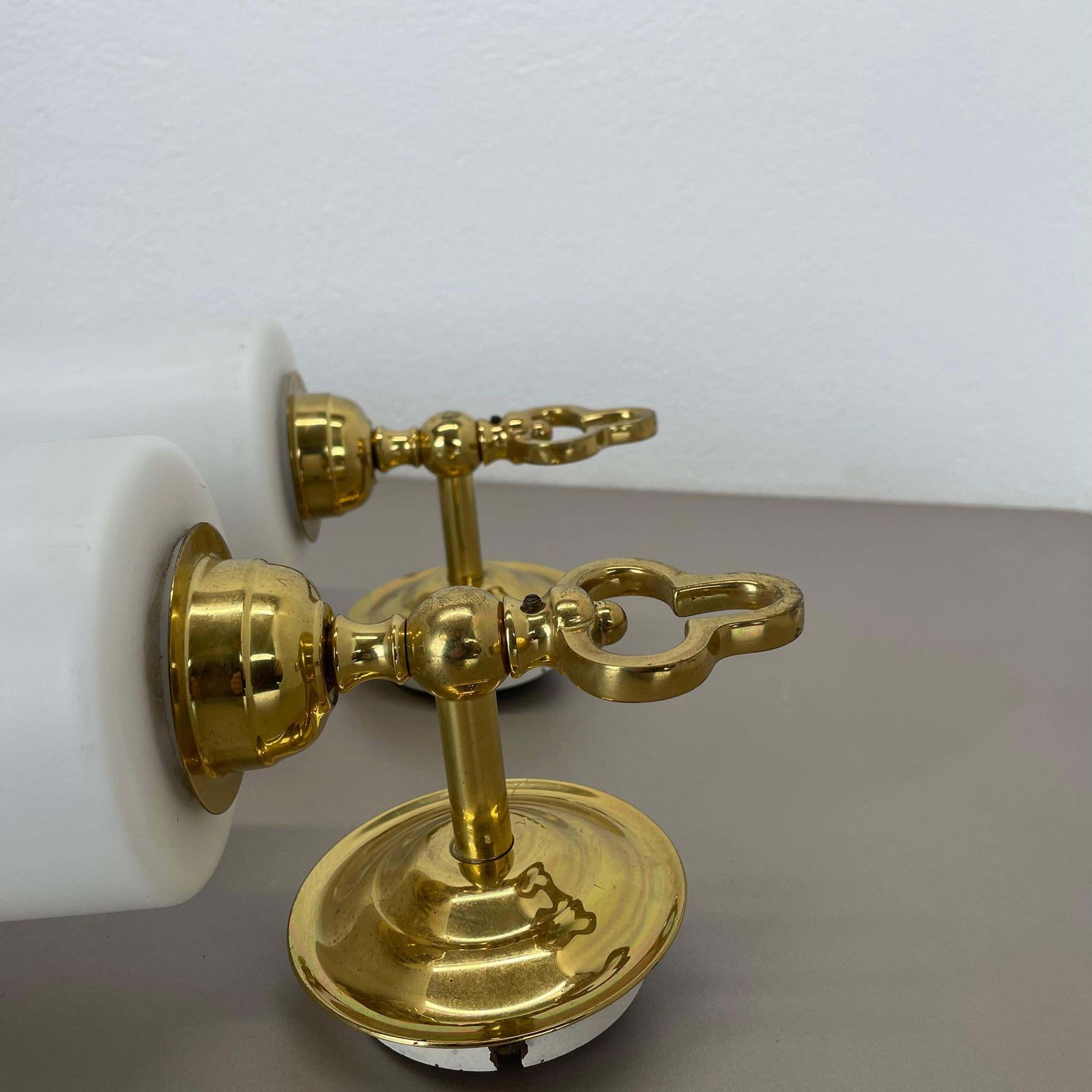 Set Of Two Brass And Satin Glass Theatre Wall Lights Sconces, Italy, 1970s photo vintage