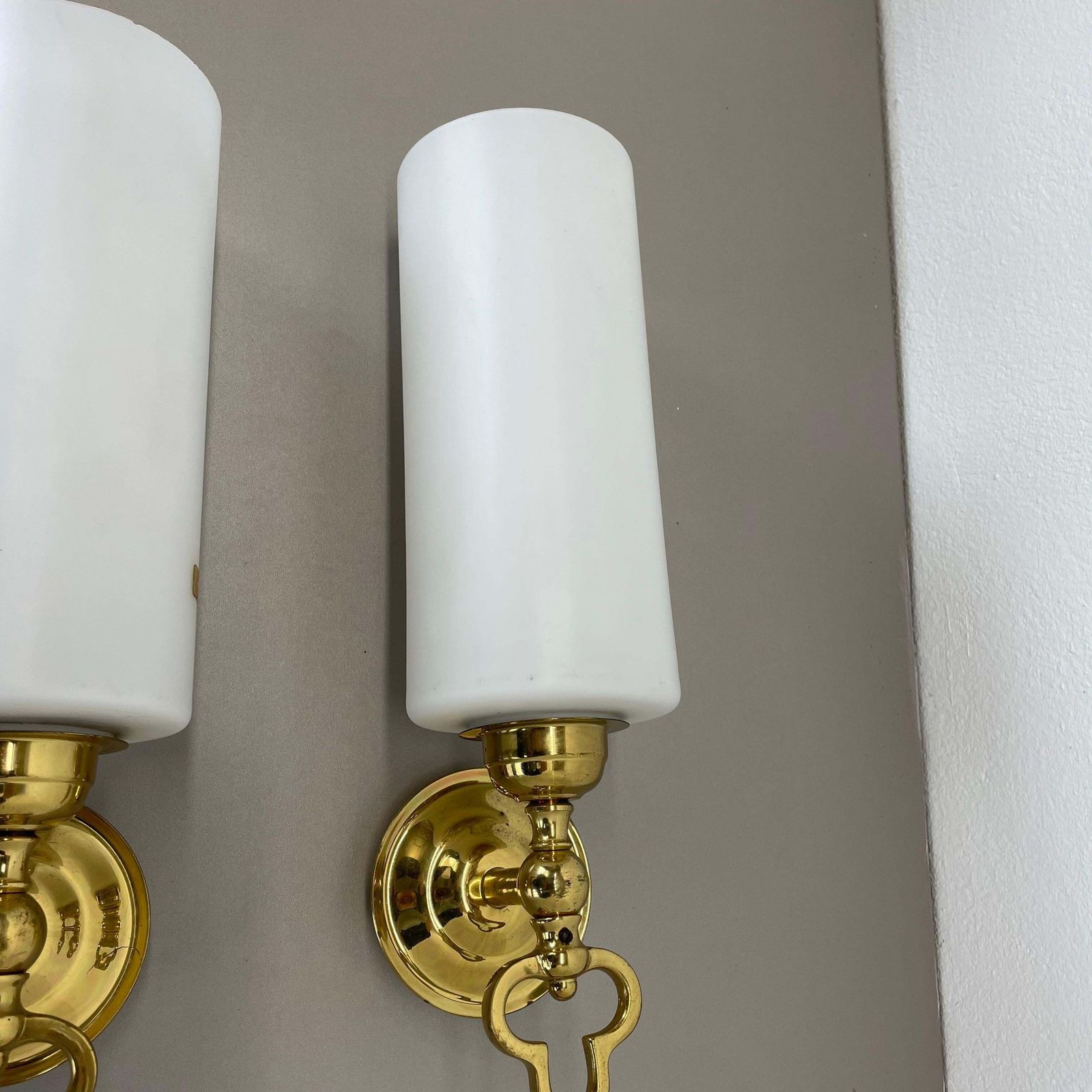 photo for sale Set Of Two Brass And Satin Glass Theatre Wall Lights Sconces, Italy, 1970s