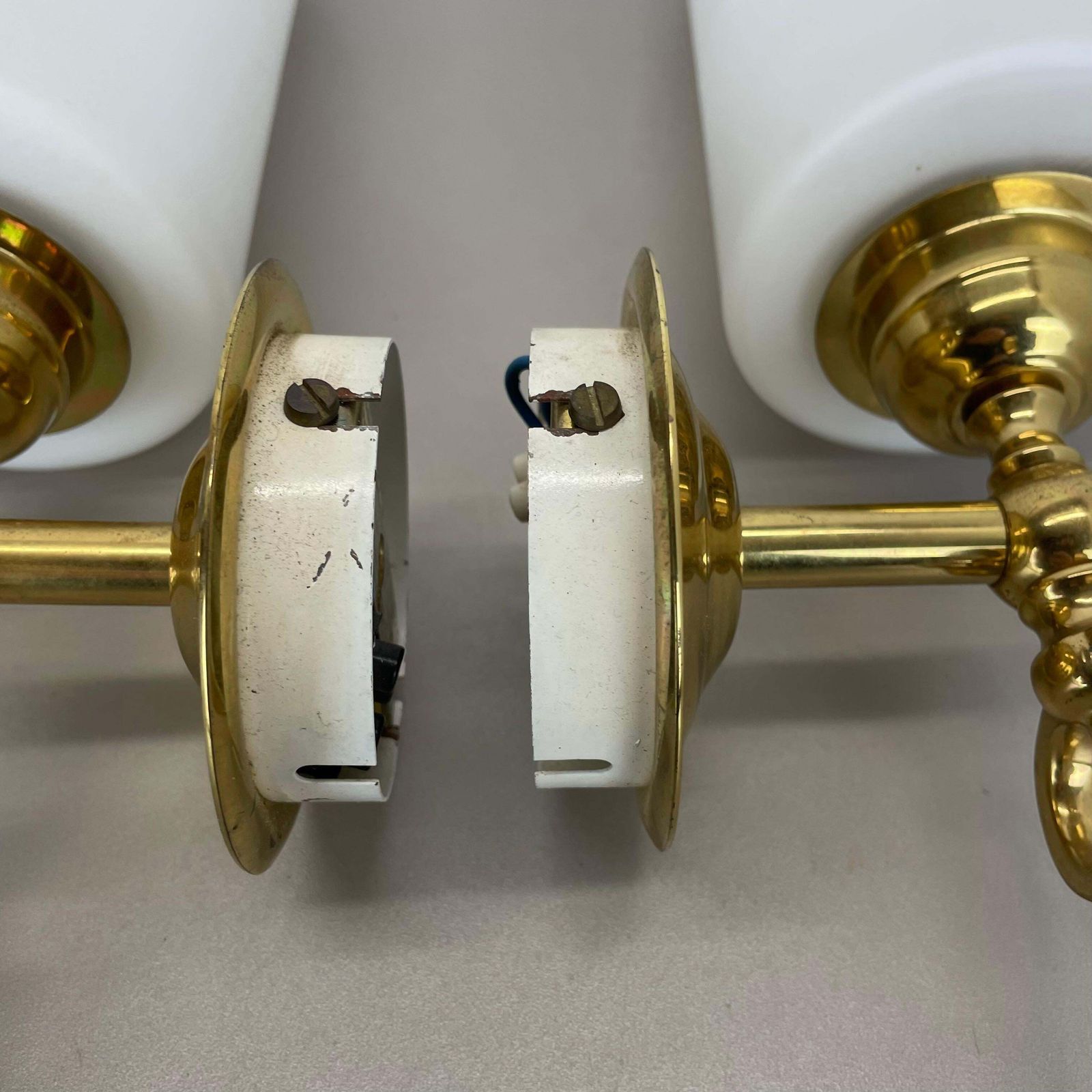 photo buy Set Of Two Brass And Satin Glass Theatre Wall Lights Sconces, Italy, 1970s
