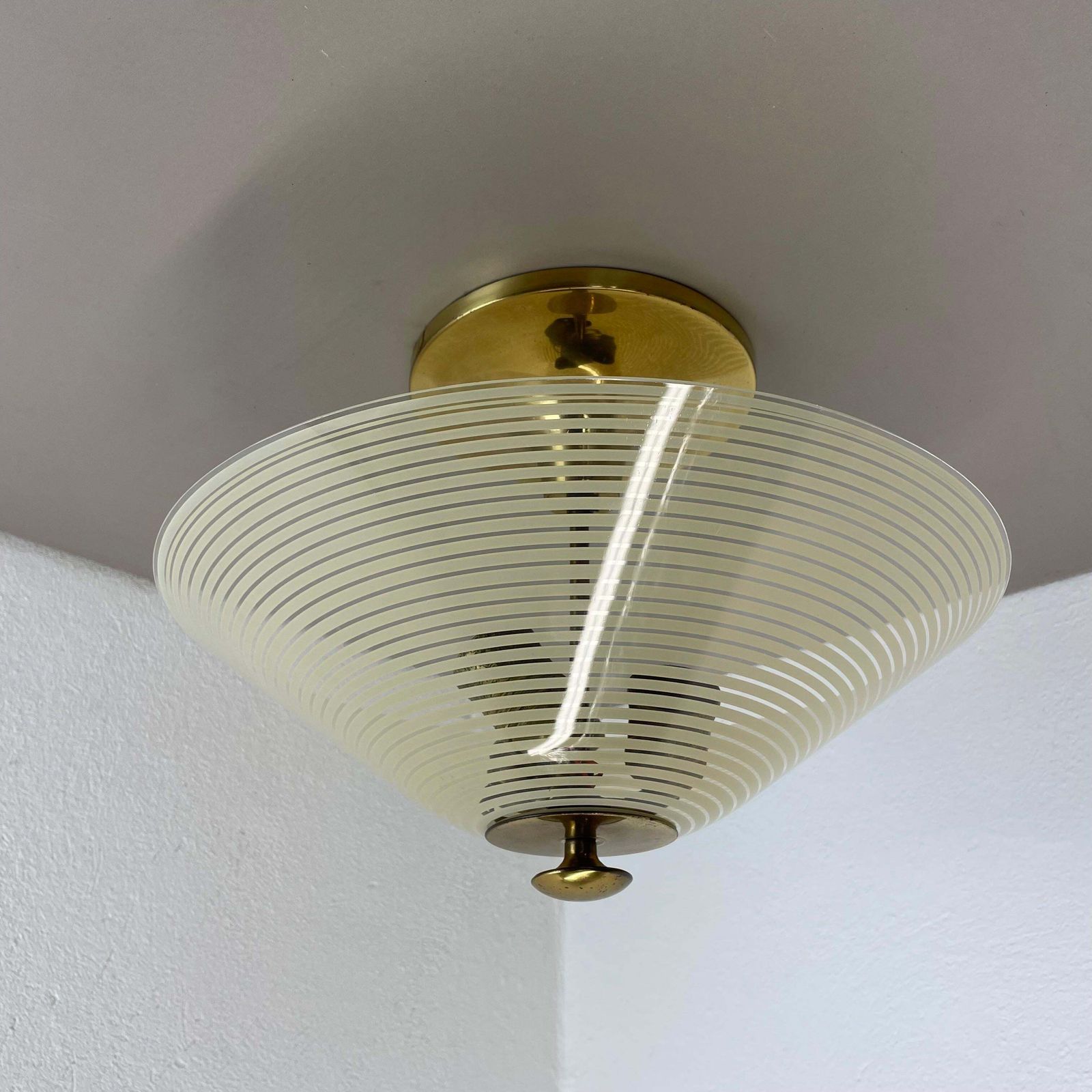 Modernist Stilnovo Style Brass And Glass Ceiling Flushmount Light, Italy 1950s photo vinterior