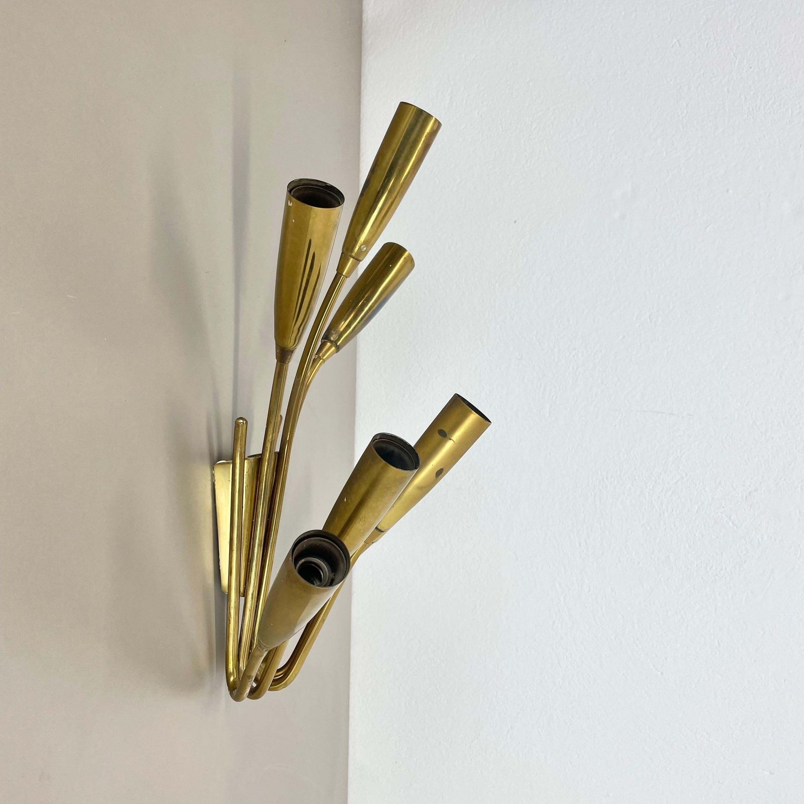 Lighting Rare Minimalist 39cm Brass Stilnovo Style Theatre Wall Light Sconce, Italy 1950s photo