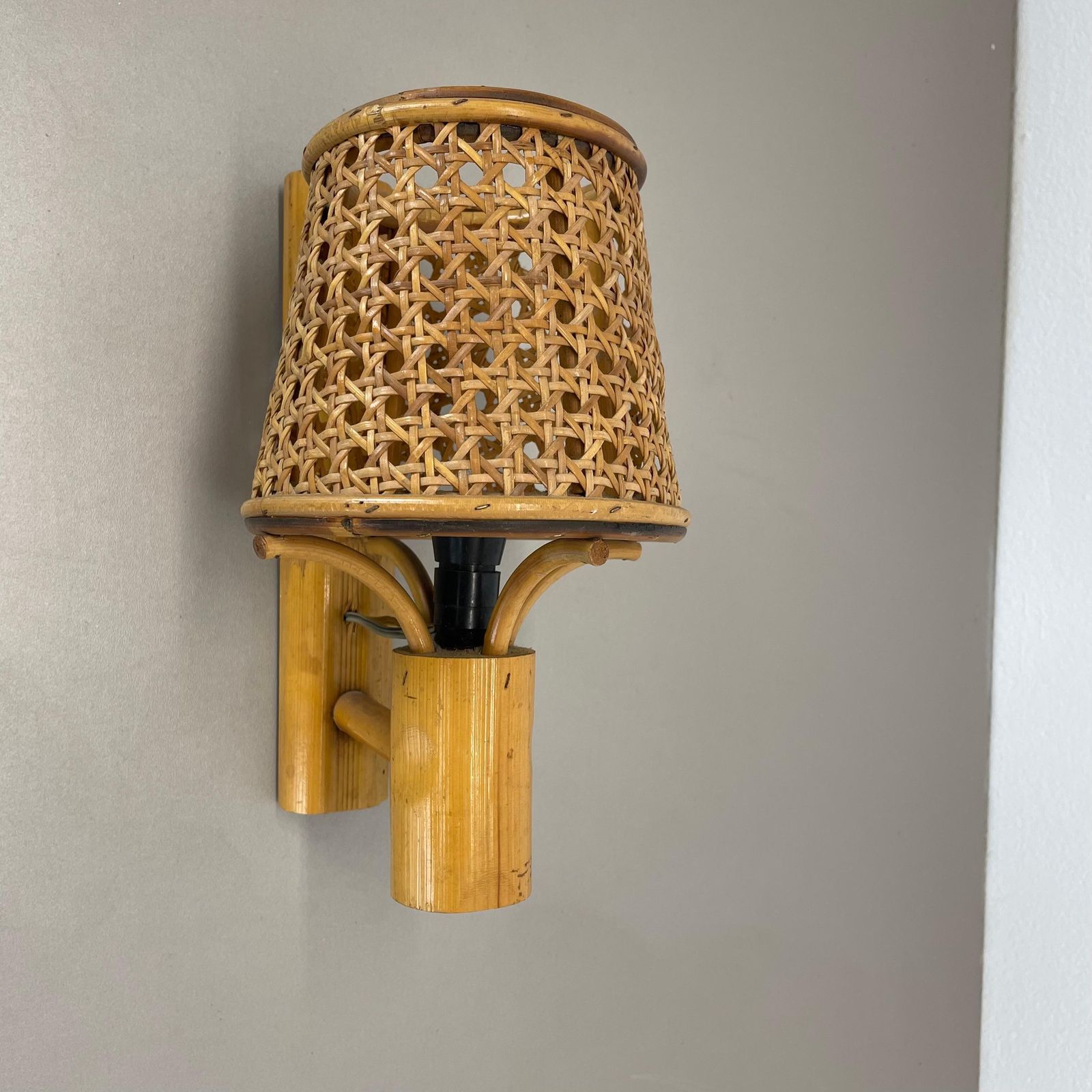 Rare Bamboo, Wicker And Rattan Wall Light In Louis Sognot Style, France, 1950s photo furniture