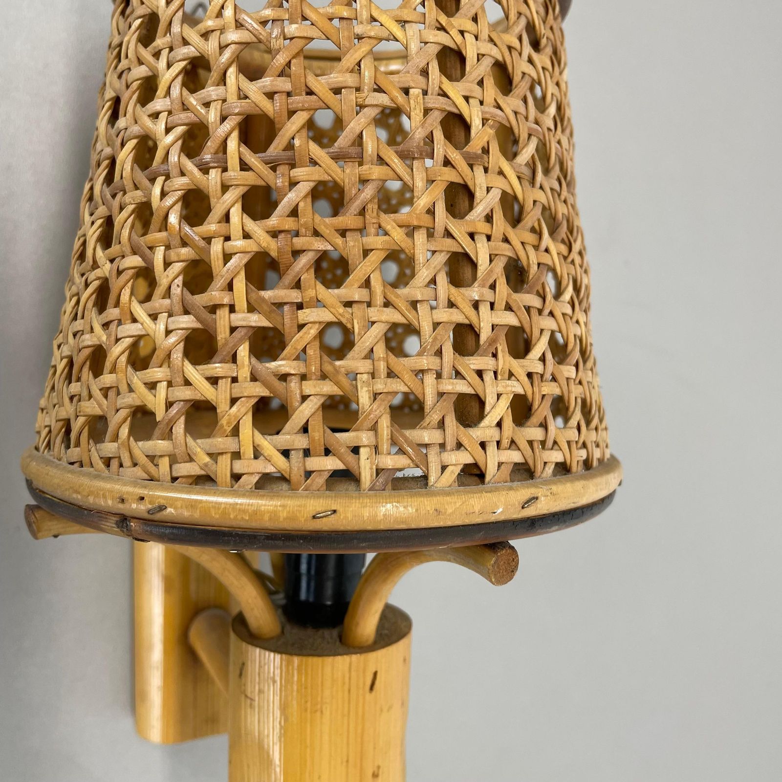 Rare Bamboo, Wicker And Rattan Wall Light In Louis Sognot Style, France, 1950s photo vintage