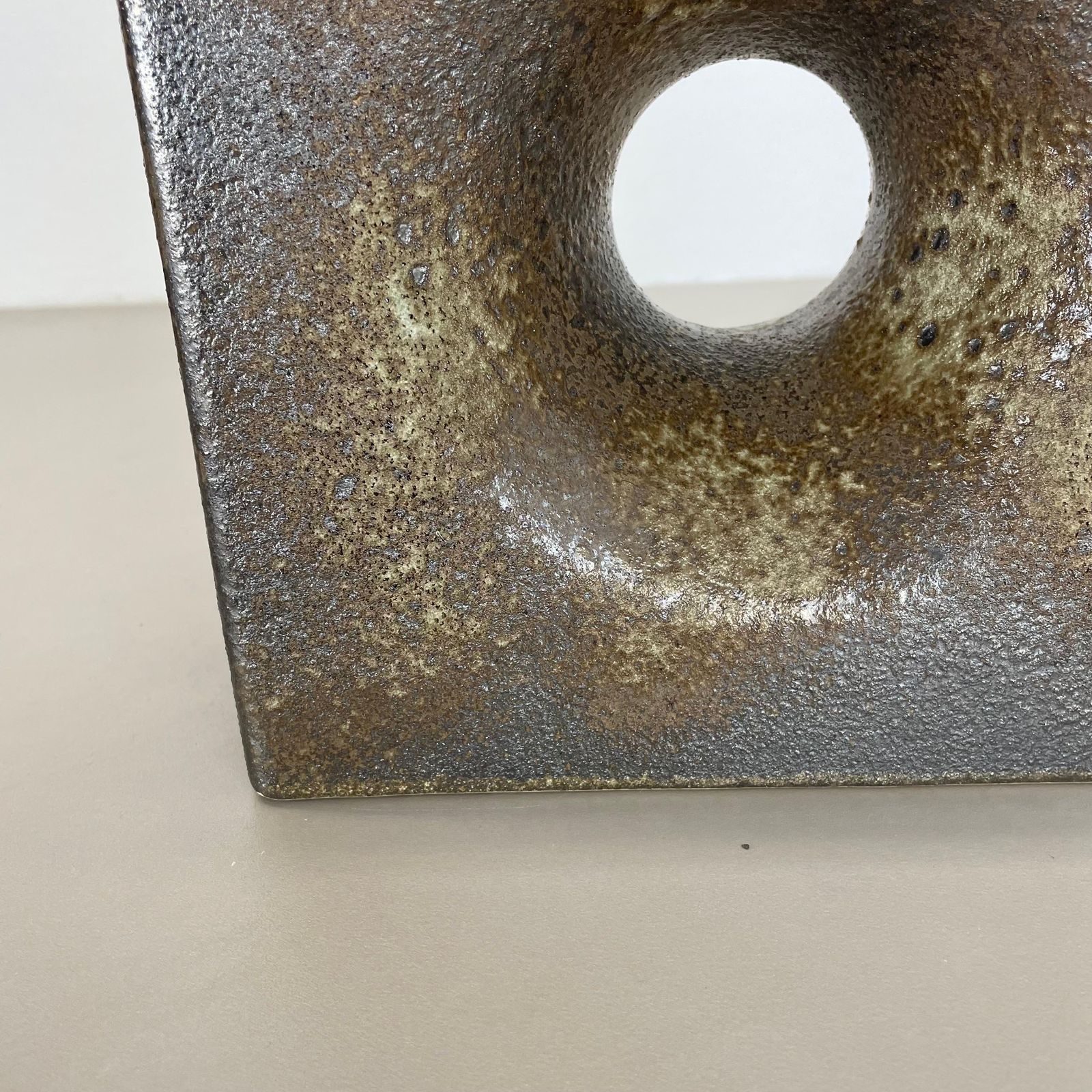 photo for sale Xxl 25cm Brutalist Cubic "Hole" Vase By Piet Vest Ceramics, Netherlands, 1970