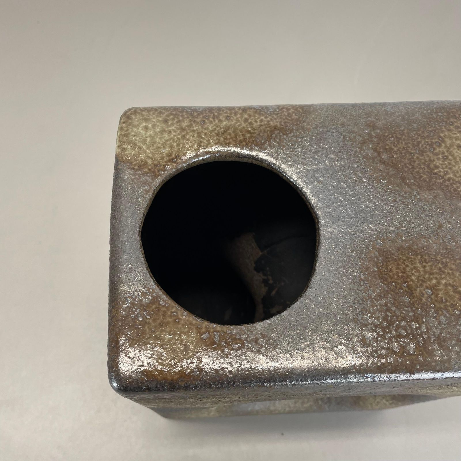 619.0 Xxl 25cm Brutalist Cubic "Hole" Vase By Piet Vest Ceramics, Netherlands, 1970 photo