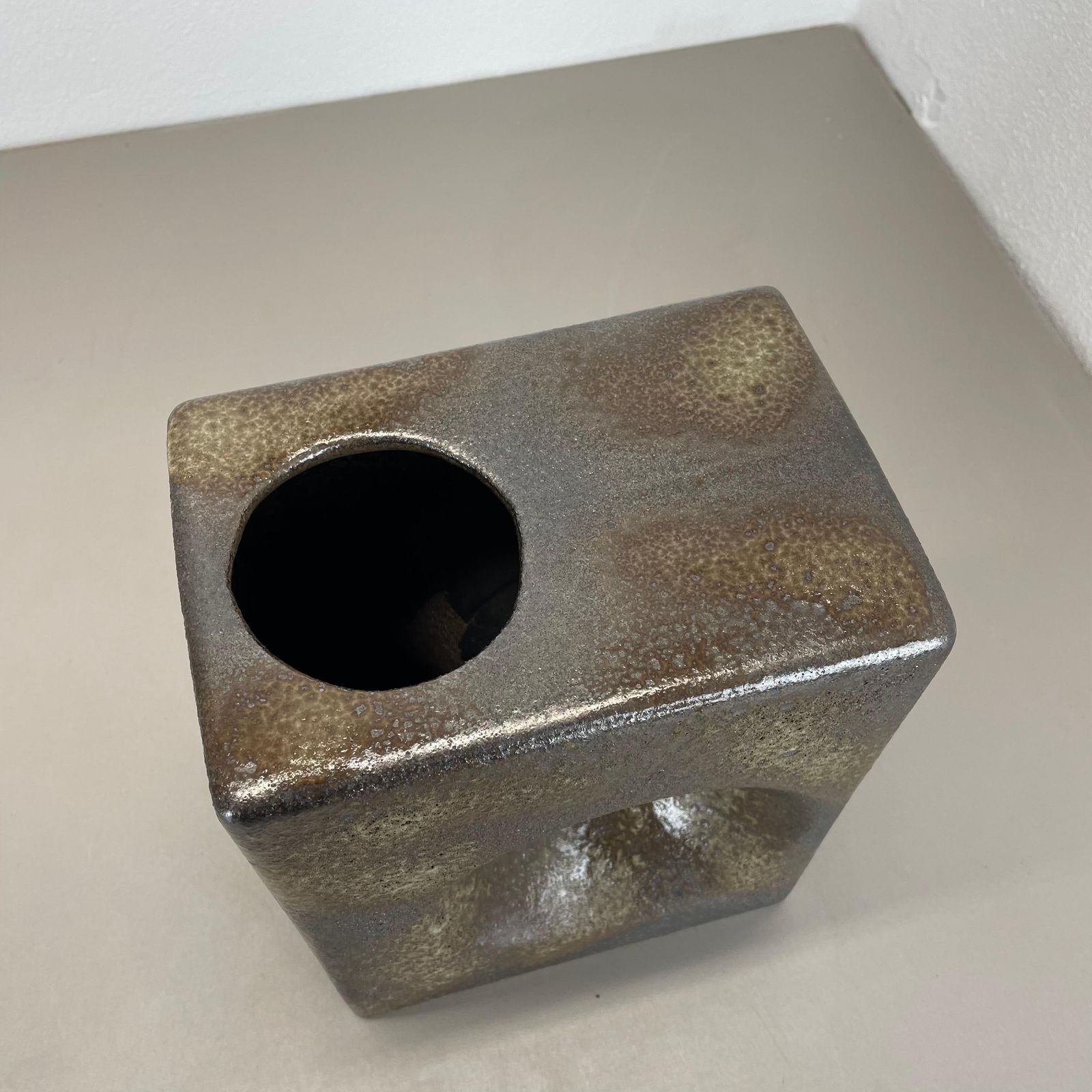 photo buy Xxl 25cm Brutalist Cubic "Hole" Vase By Piet Vest Ceramics, Netherlands, 1970