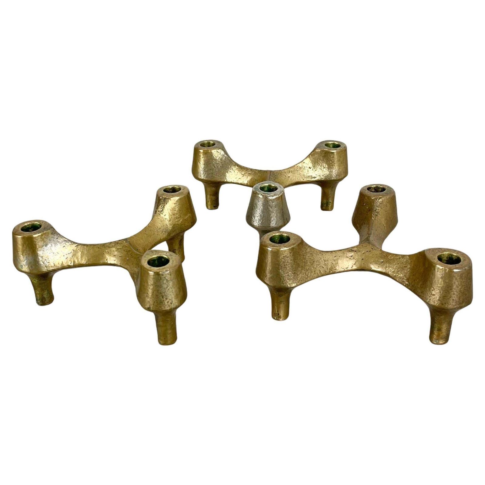 Set Of 3 Sculptural Brutalist Tripod Bronze Metal Candleholder, France, 1960s