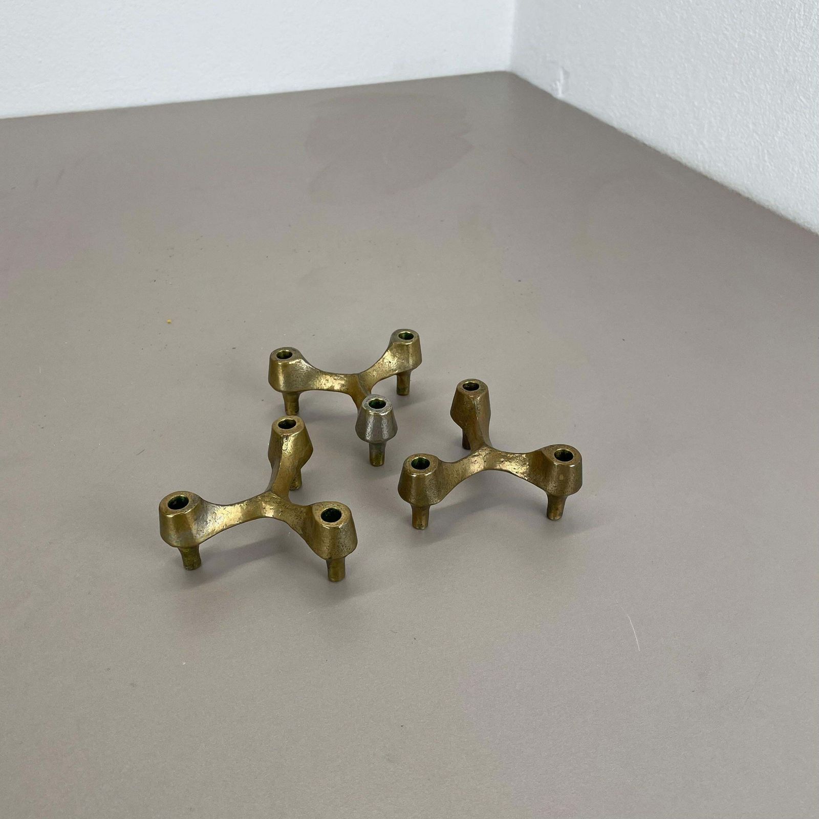 Set Of 3 Sculptural Brutalist Tripod Bronze Metal Candleholder, France, 1960s photo furniture