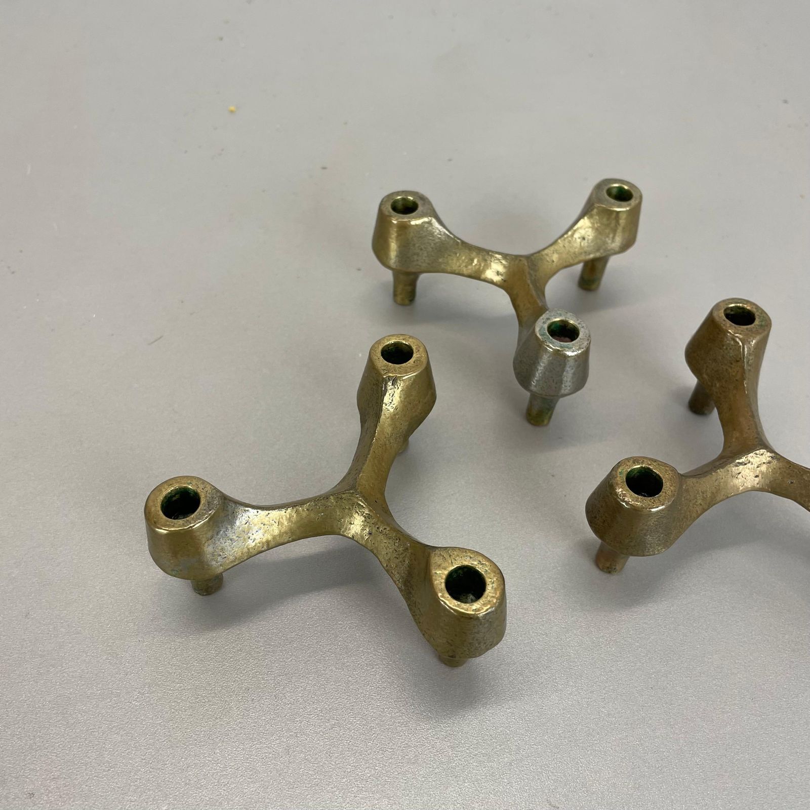 Set Of 3 Sculptural Brutalist Tripod Bronze Metal Candleholder, France, 1960s photo for sale