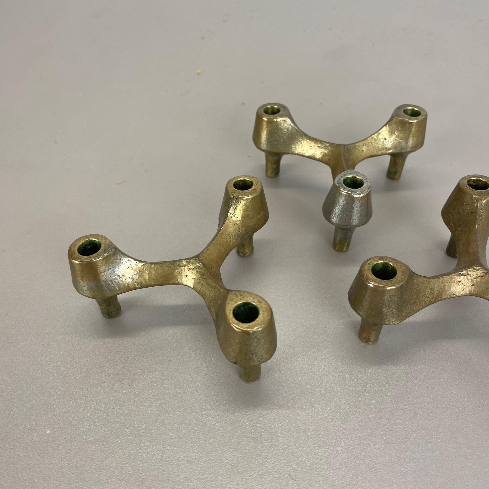 Set Of 3 Sculptural Brutalist Tripod Bronze Metal Candleholder, France, 1960s photo vintage