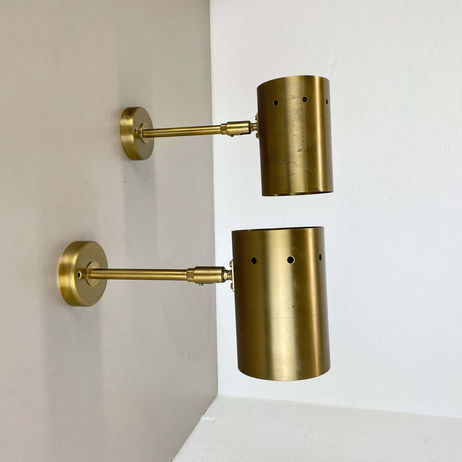 Set Of Two Large Minimalist Brass "Tube" Wall Light Sconces, Italy 1970s photo furniture