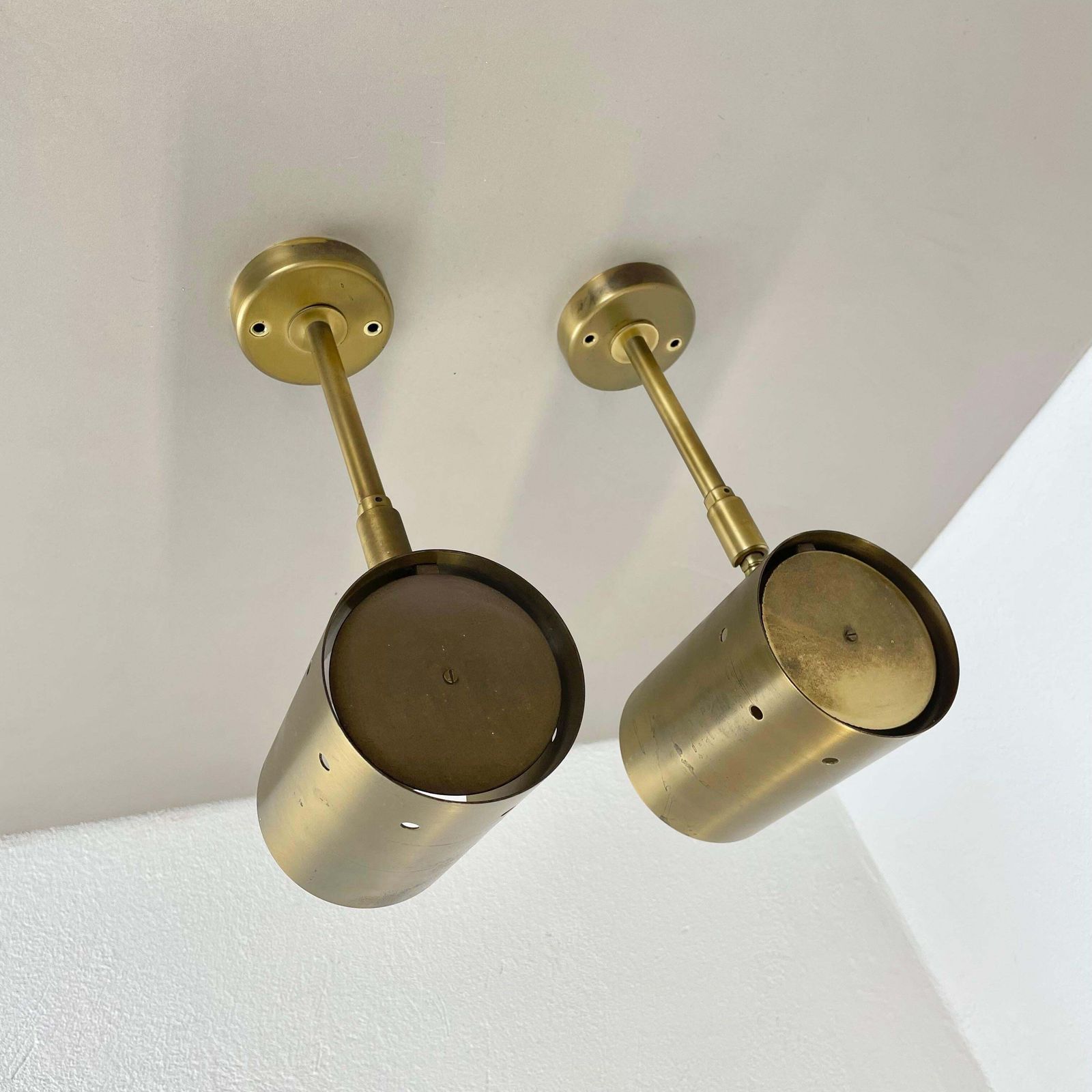 Set Of Two Large Minimalist Brass "Tube" Wall Light Sconces, Italy 1970s photo for sale