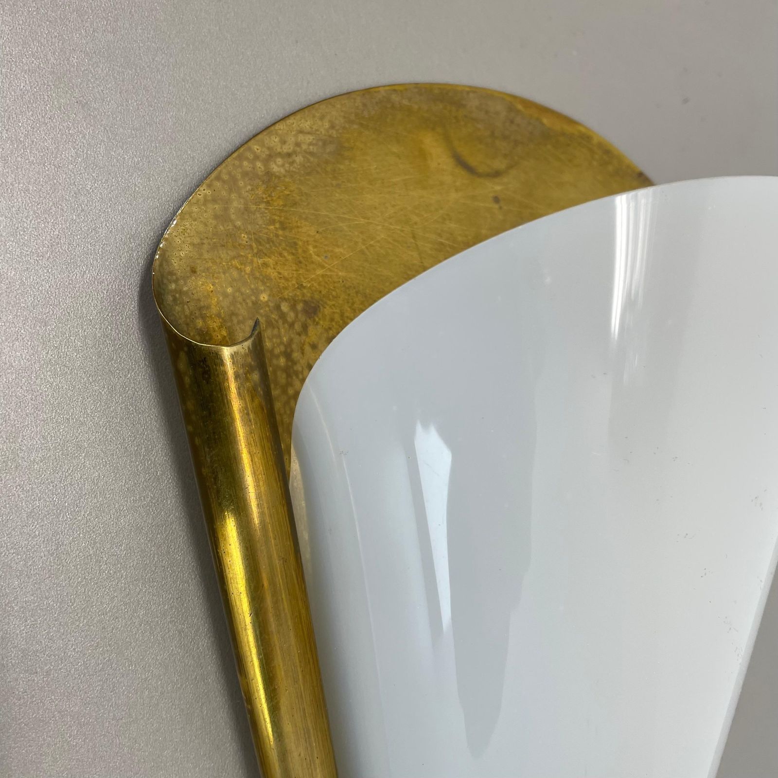 photo for sale Rare Minimalist Brass And Plexiglass Stilnovo Style Wall Light, Italy 1950s