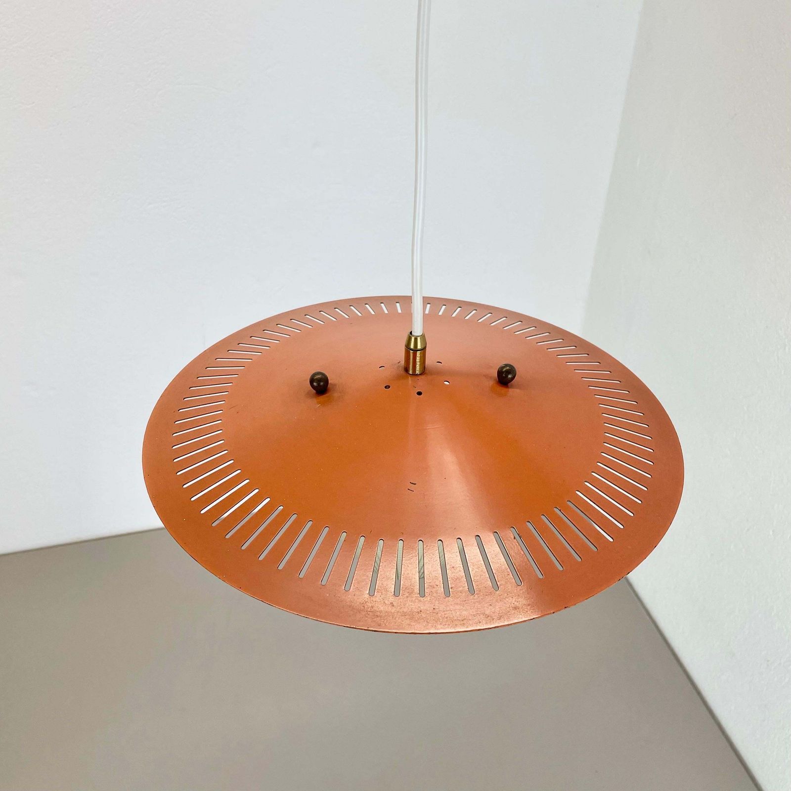 Midcentury Minimalist Stilnovo Style Brass And Metal Hanging Light, Italy 1950 photo Lighting