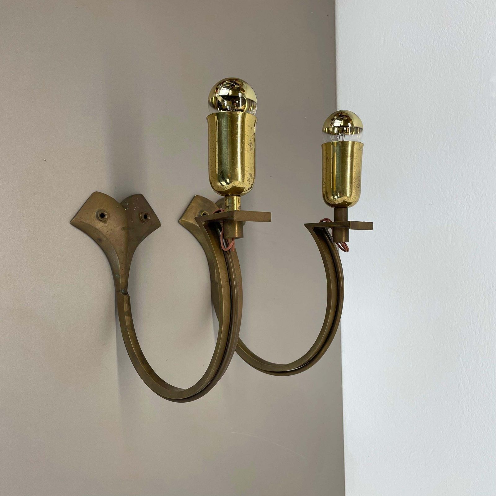 Set Of Two Large 28cm Brutalist Bronze Brass Wall Sconces, Italy 1950s photo furniture