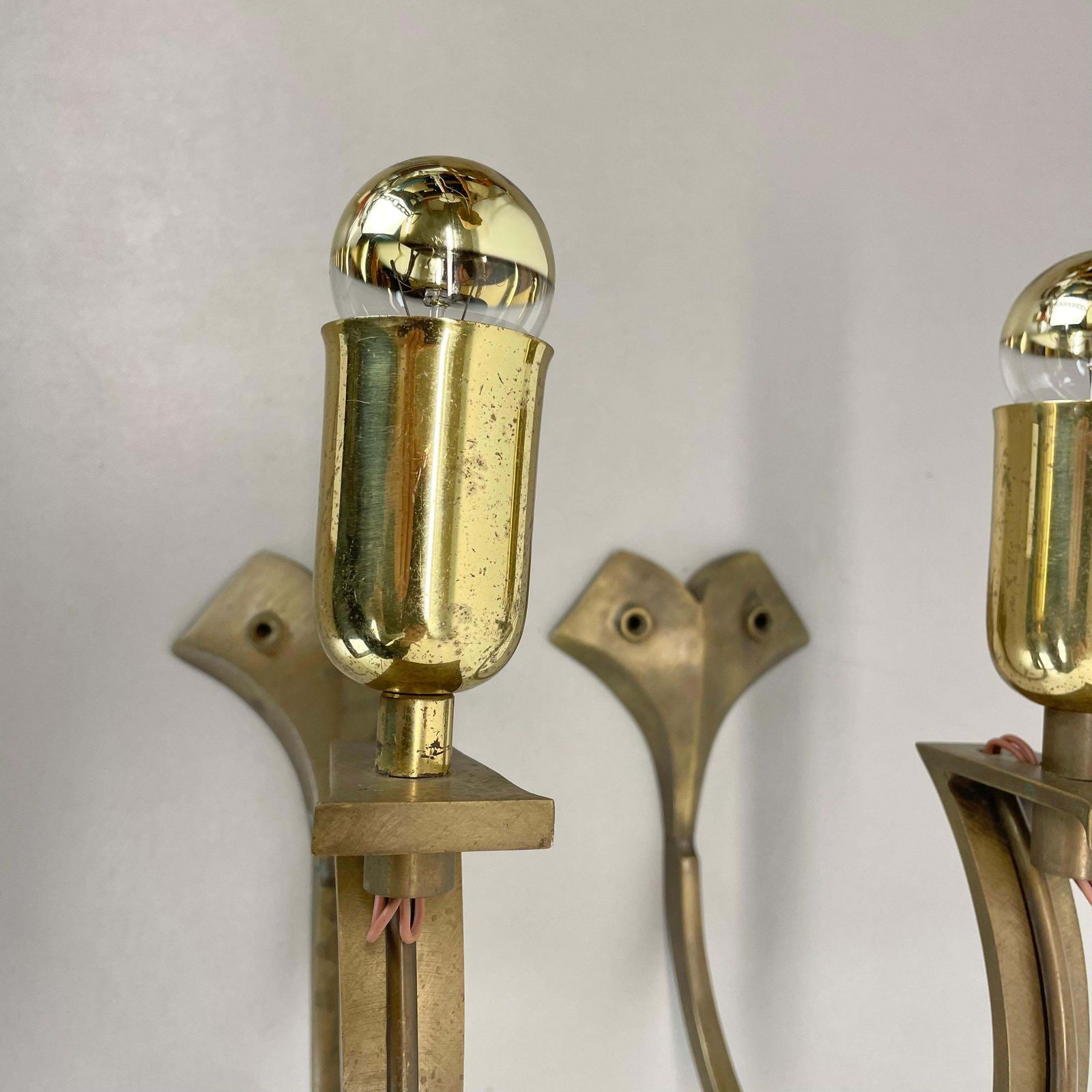 Set Of Two Large 28cm Brutalist Bronze Brass Wall Sconces, Italy 1950s photo buy