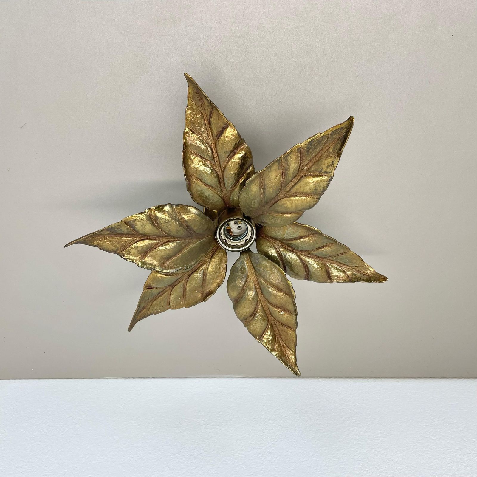 Floral Brutalist Brass Metal Wall Ceiling Light By Willy Daro Belgium, 1970s No1 photo for sale