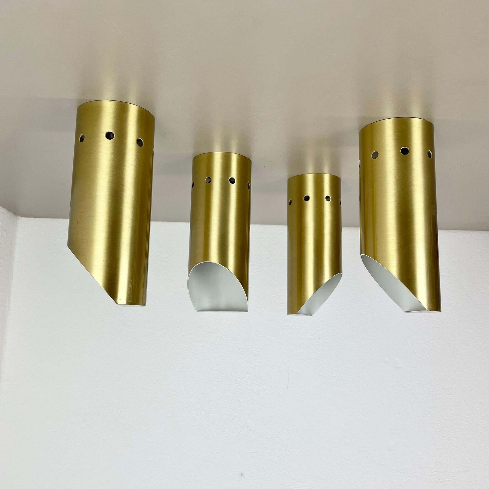 Set Of Four Minimalist Brass "Tube" Wall Ceiling Light Sconces, Italy 1970s photo furniture