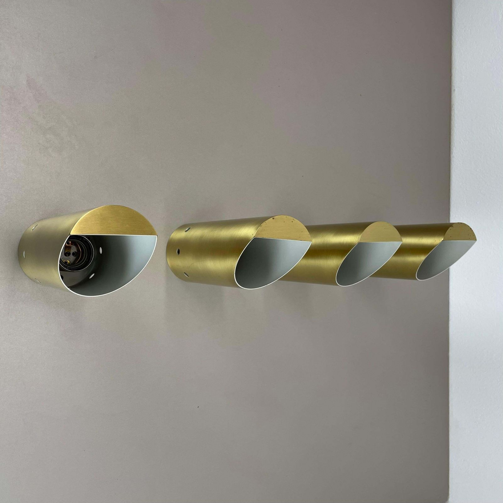 Set Of Four Minimalist Brass "Tube" Wall Ceiling Light Sconces, Italy 1970s photo 1770.0