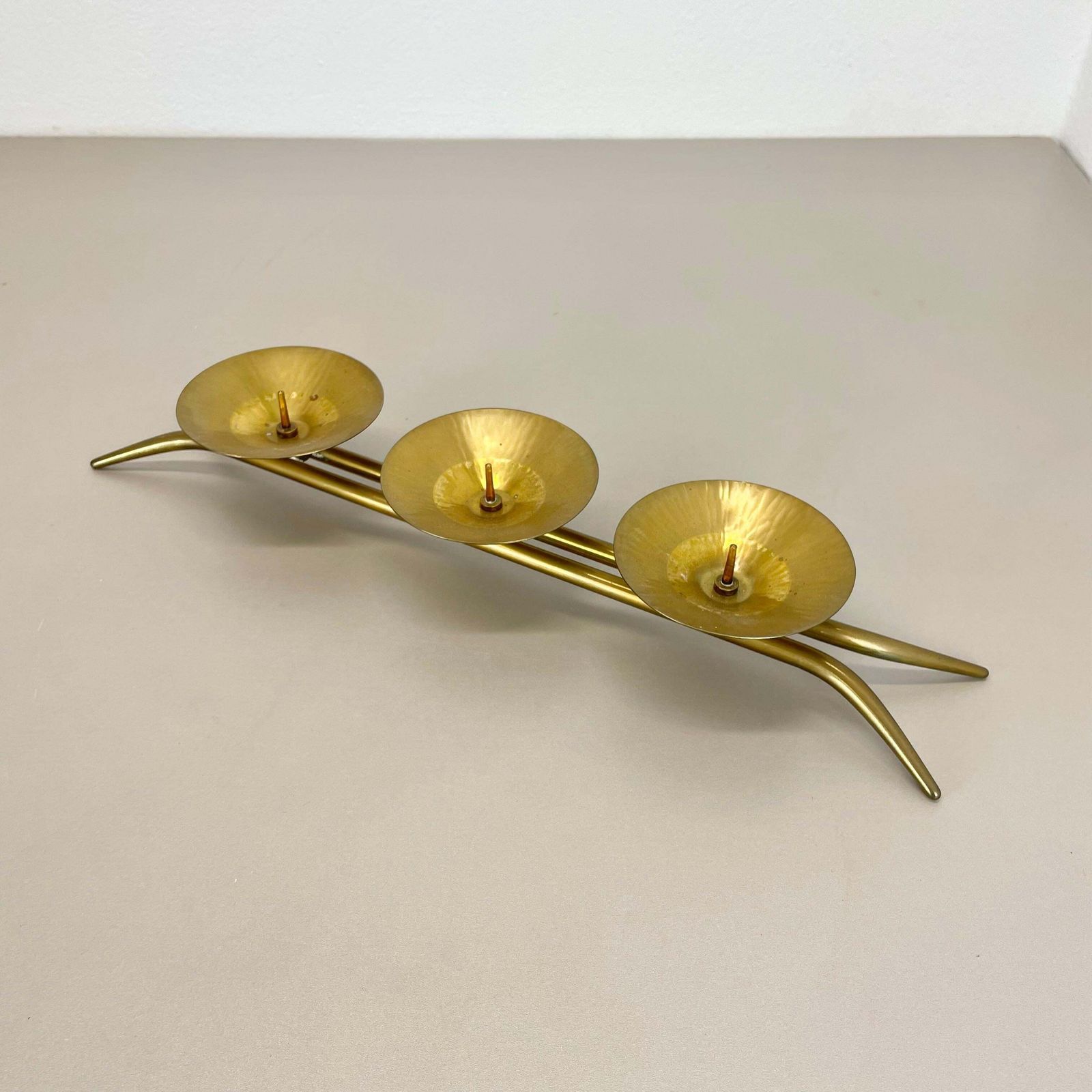 43cm Modernist Auböck Style Brutalist Brass Metal Candleholder, Austria 1950s photo for sale