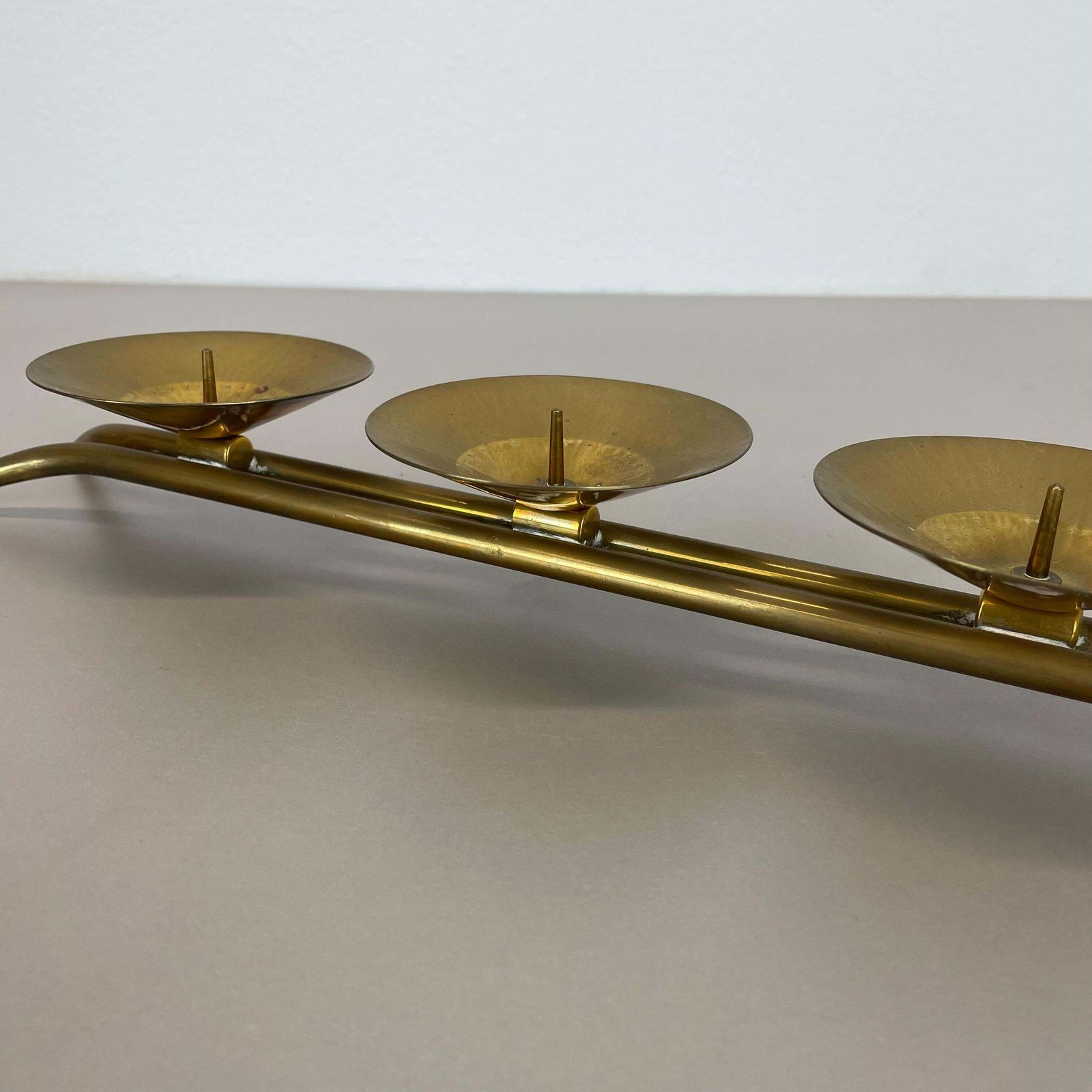 43cm Modernist Auböck Style Brutalist Brass Metal Candleholder, Austria 1950s photo vintage