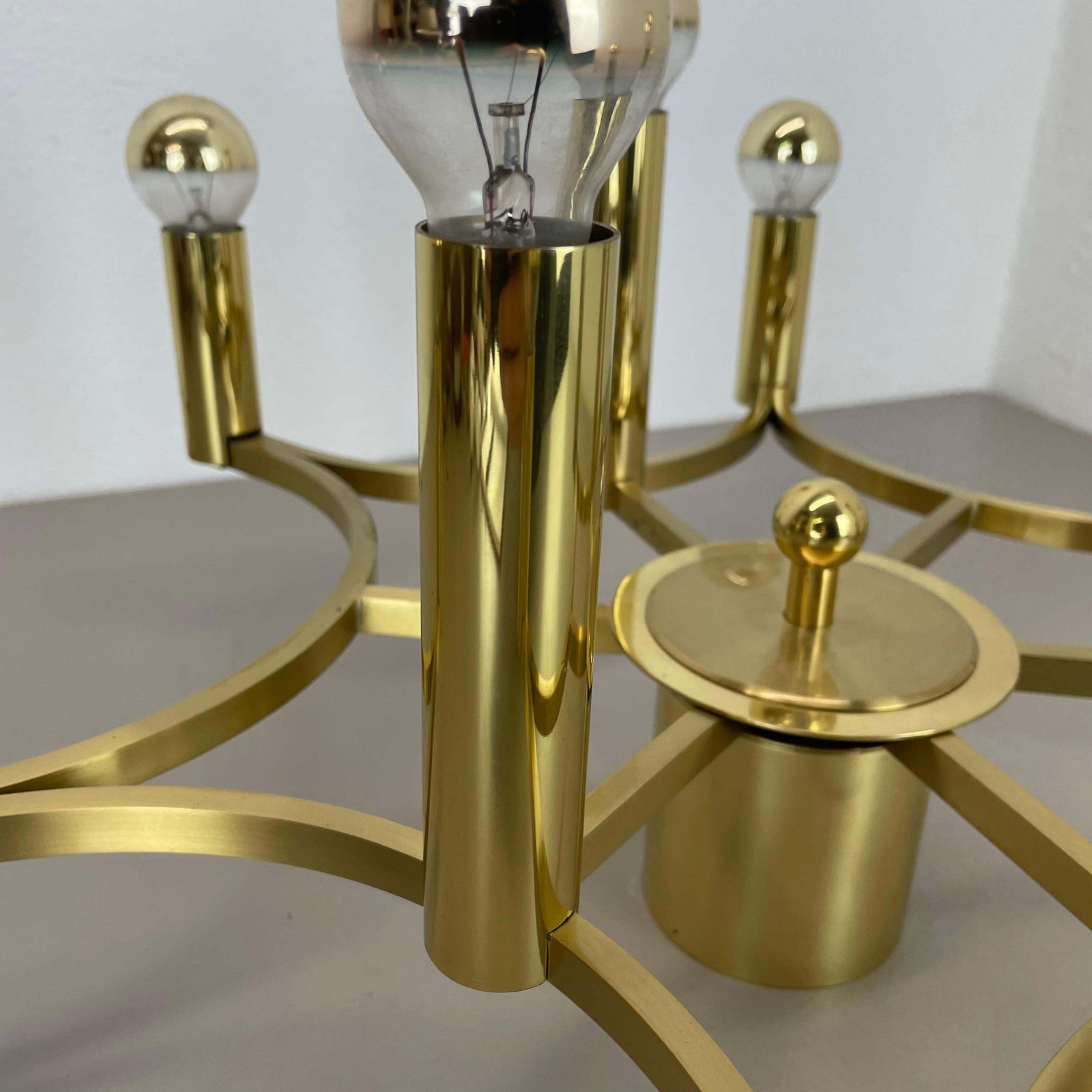 Large Cubic Brass 9 Bulb Stilnovo Style Flush Mount Ceiling Light, Italy 1960s photo 1593.0