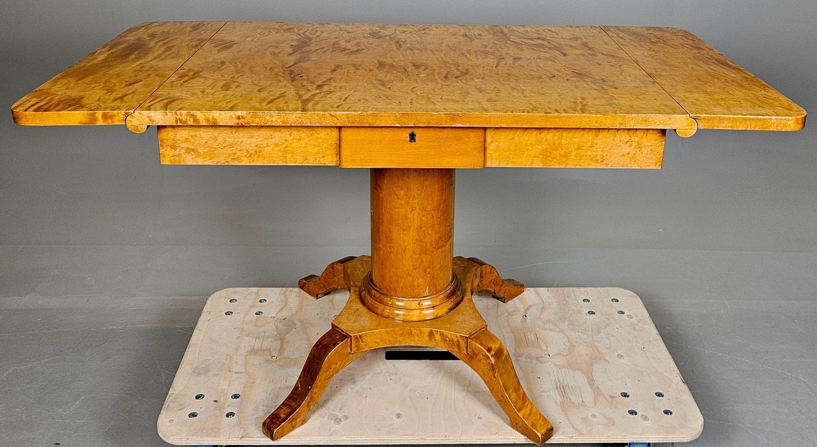Swedish Biedermeier Drop Leaf Pedestal Table Golden Birch 142cm photo furniture