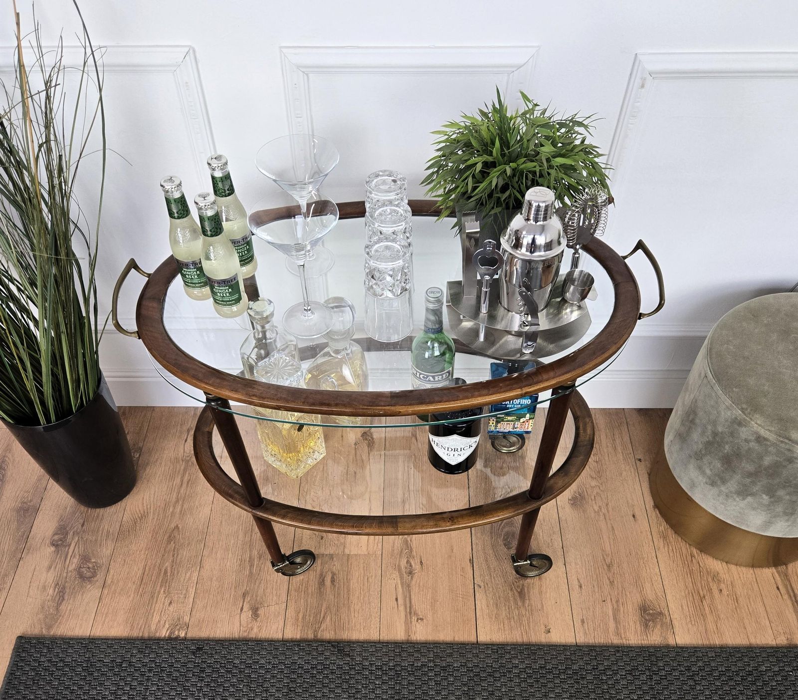 1950s Art Deco Midcentury Italian Wood And Brass Dry Bar Cabinet Liquor Cart photo Furniture