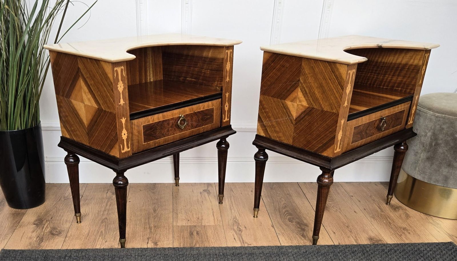 photo furniture Pair Of Italian Art Deco Wood Marble Top Night Stands Bedside Tables