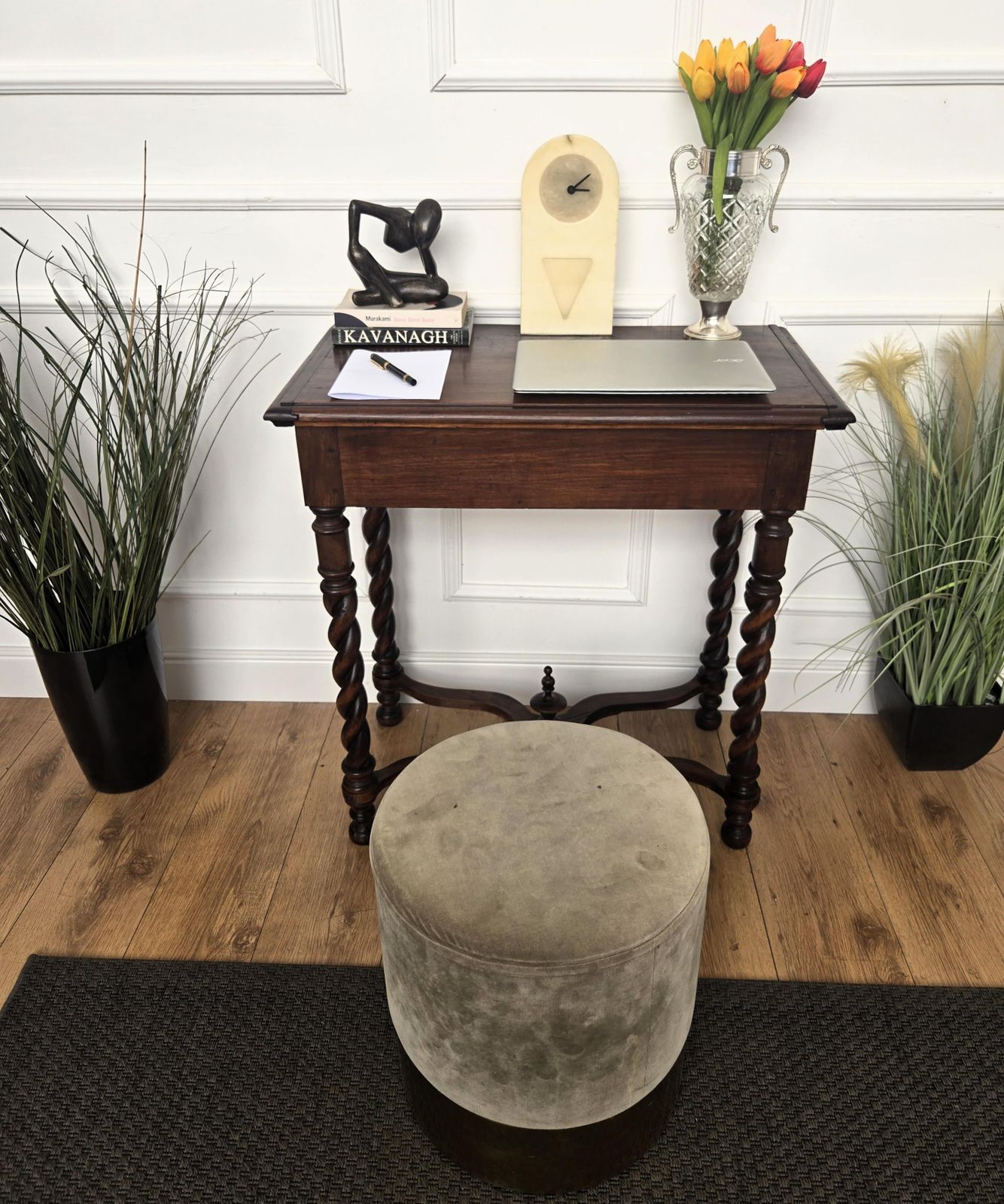 Antique Italian Walnut Console Desk Side Table With Carved Legs photo vinterior