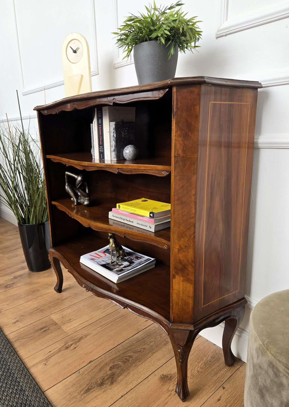 Midcentury Italian Walnut Burl Wood Three Shelves Open Bookcase Library photo Furniture