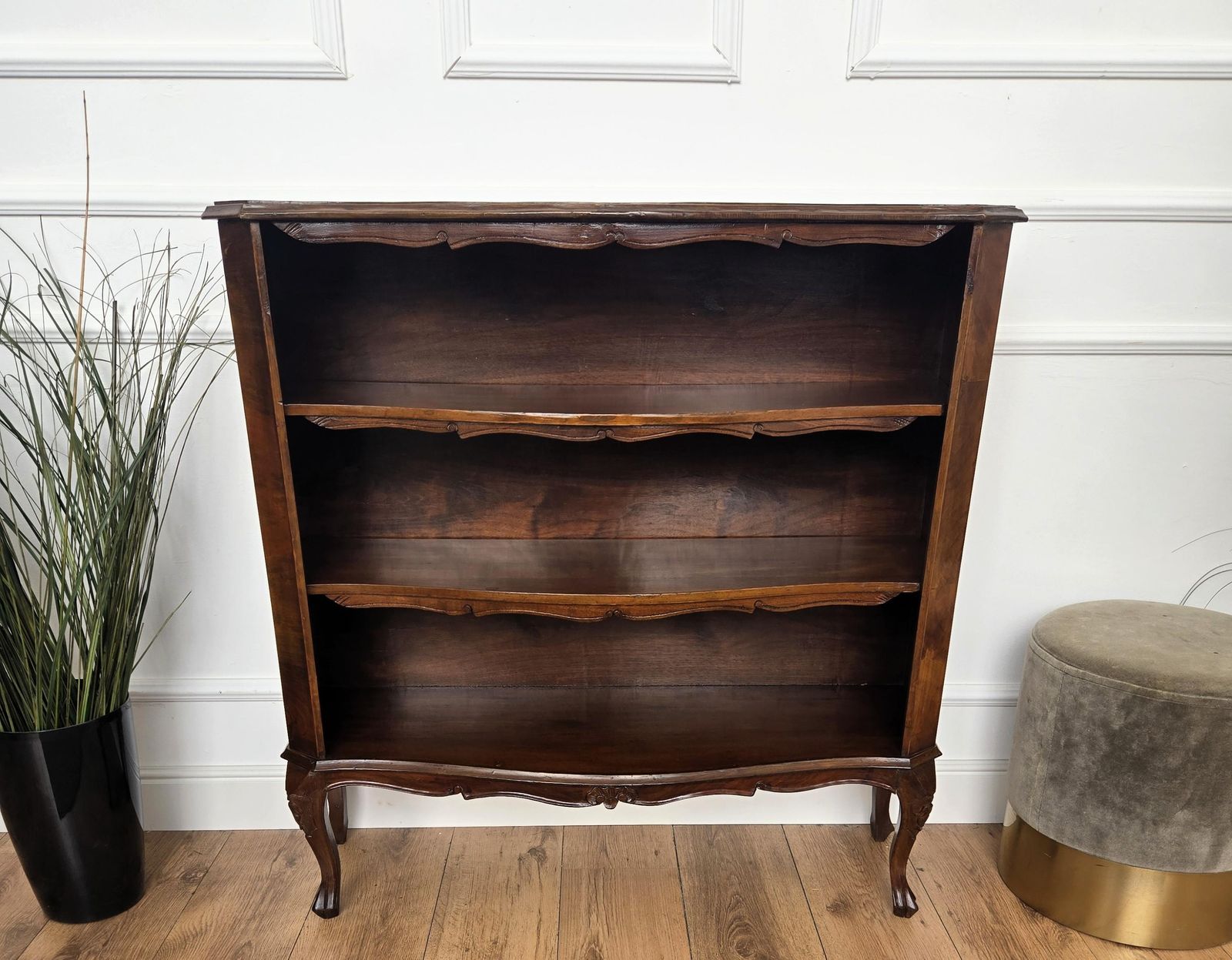 photo furniture Midcentury Italian Walnut Burl Wood Three Shelves Open Bookcase Library