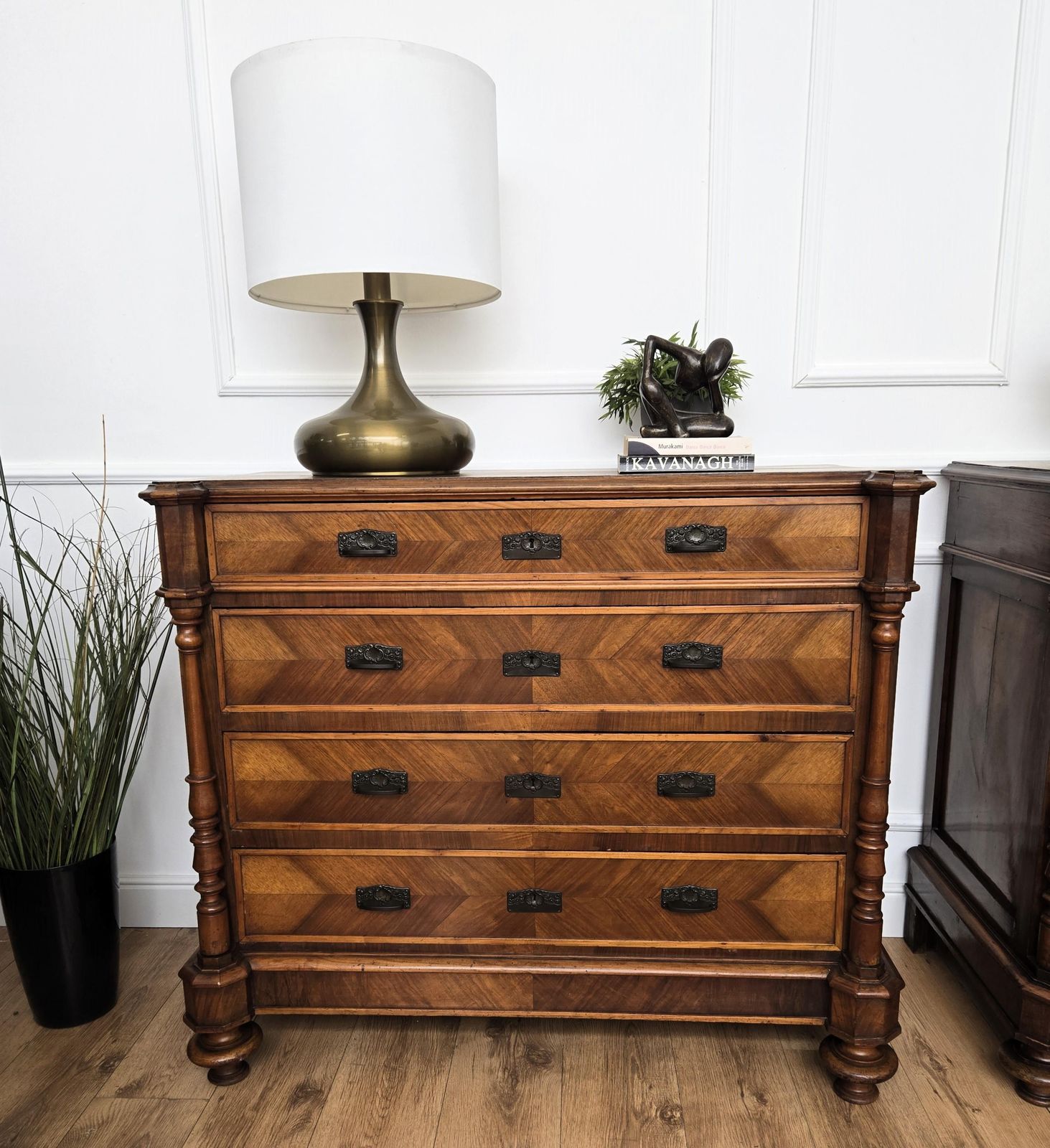 Pair Of Italian Carved Walnut Burl Brass Chest Of Drawers Sideboard Credenza photo for sale