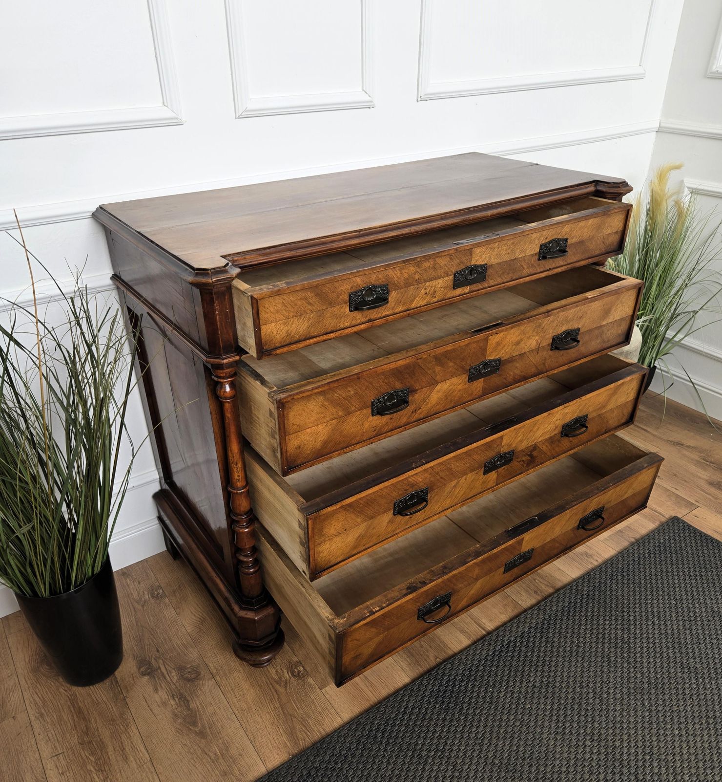 photo for sale Pair Of Italian Carved Walnut Burl Brass Chest Of Drawers Sideboard Credenza