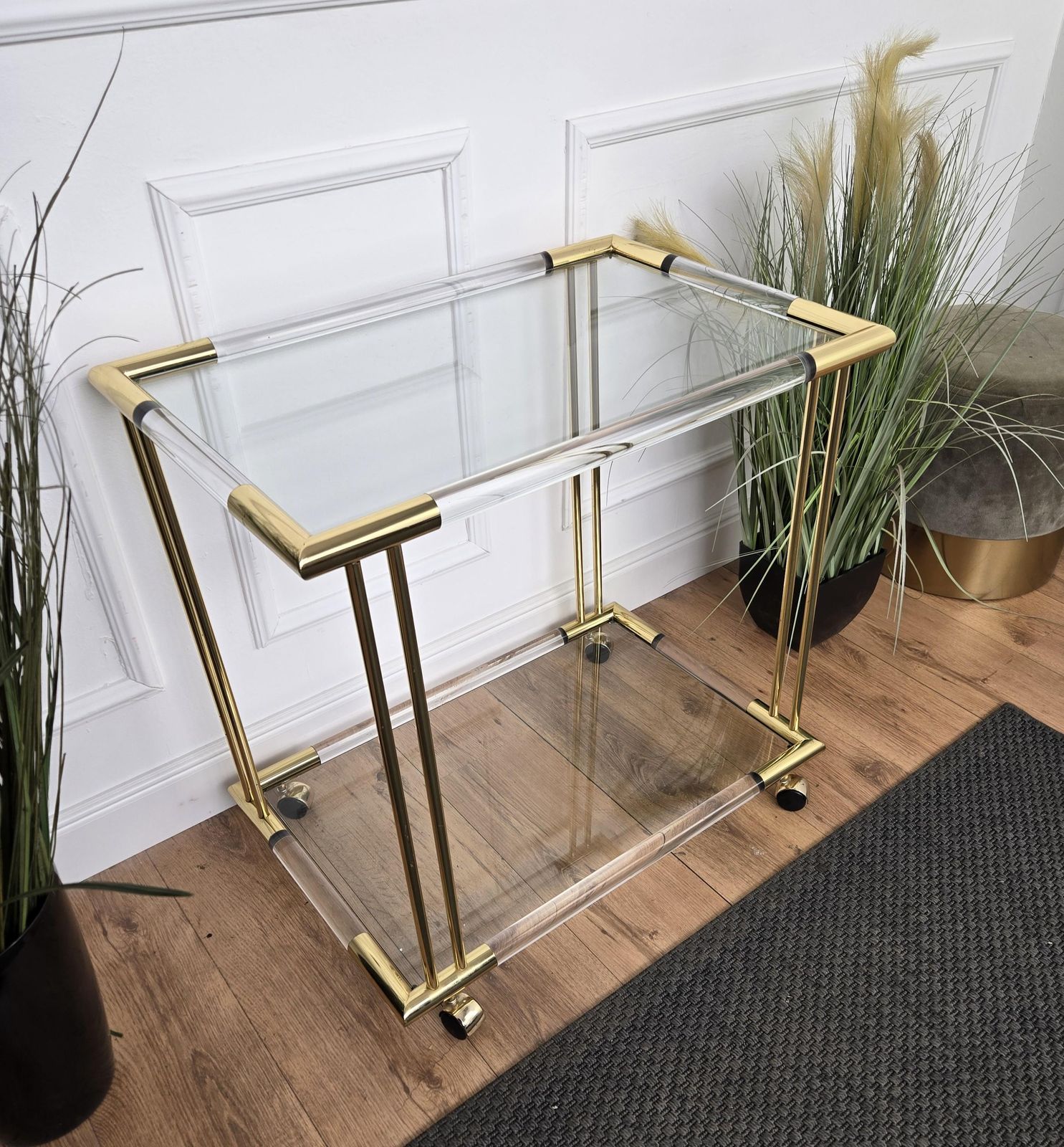 1960s Italian Two Tier Gilt Brass Plexiglass And Glass Dry Bar Cart photo vinterior