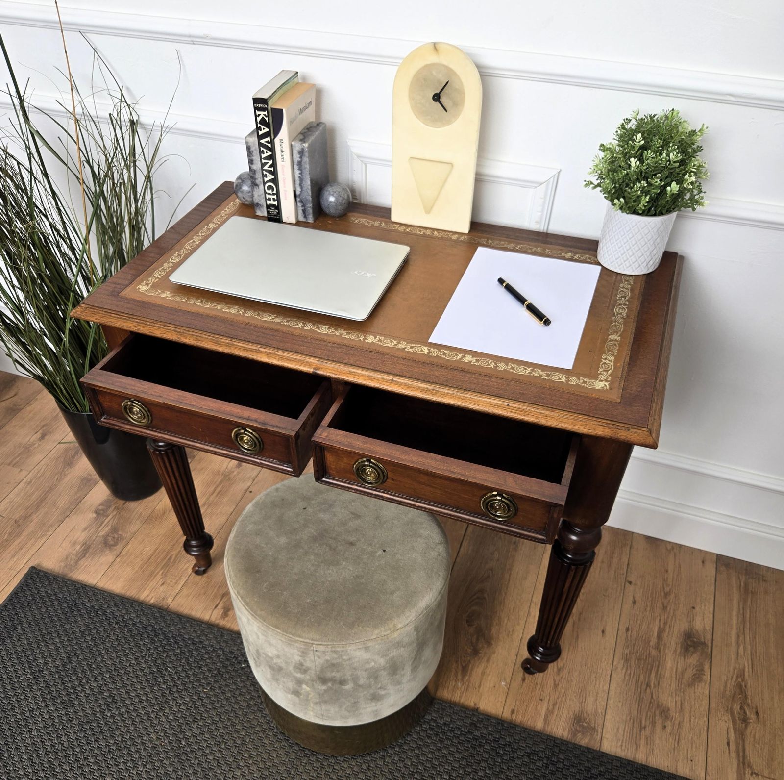 1960s Italian Art Deco Mid Century Walnut Brass Leather Desk Writing Table photo Furniture