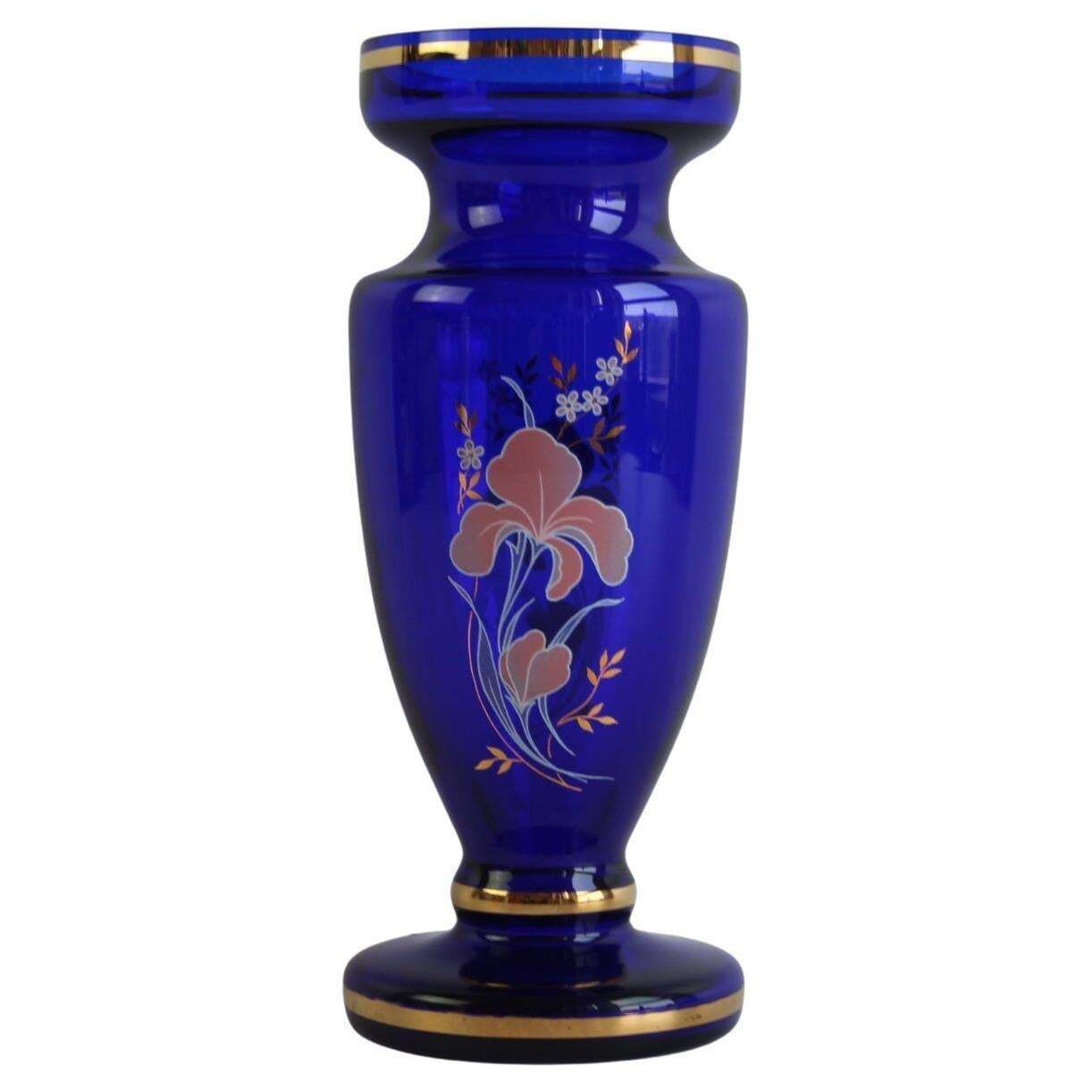 Bohemian Crystal Cobalt Blue Vase With Hand Painted Floral And Gold Details