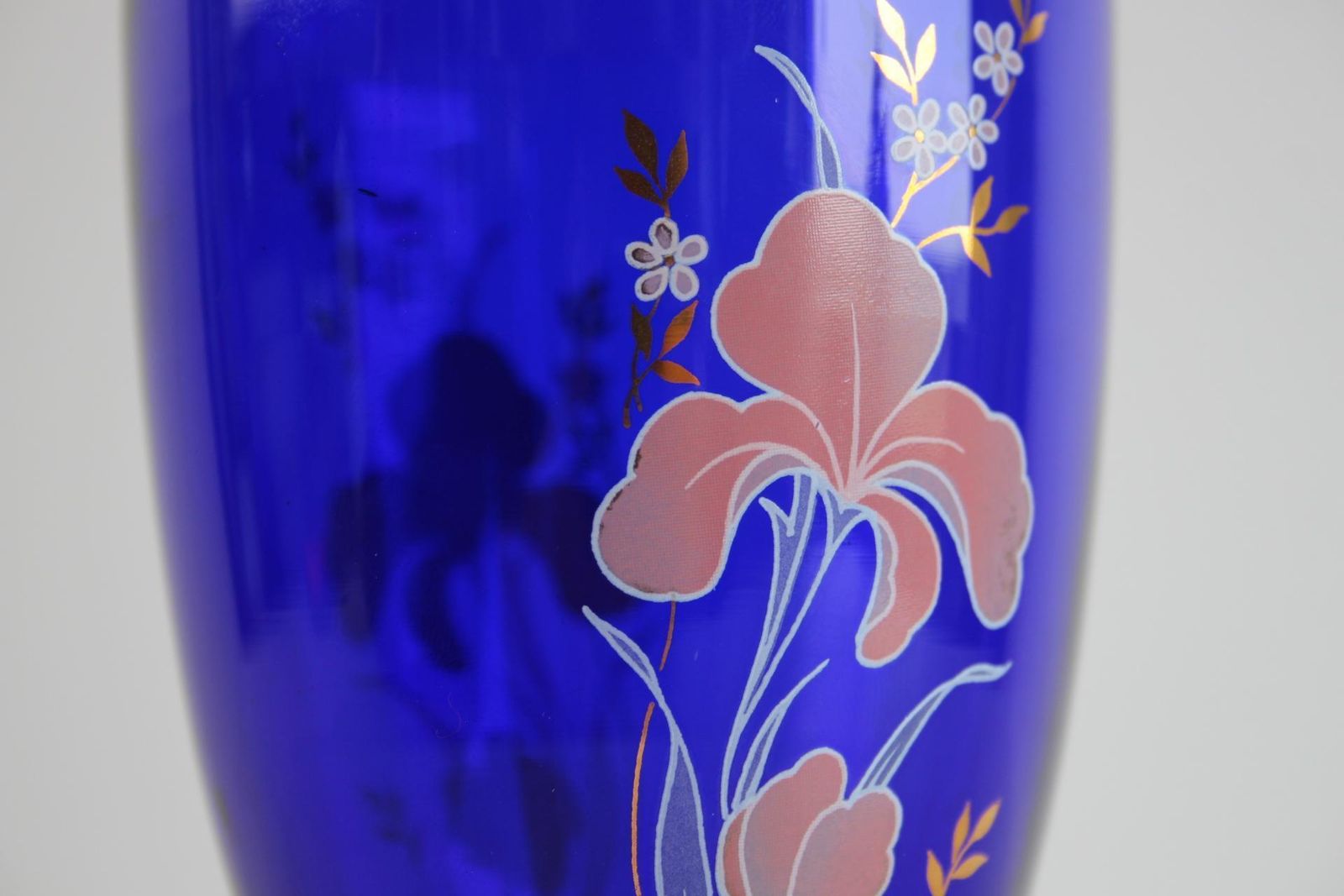 Bohemian Crystal Cobalt Blue Vase With Hand Painted Floral And Gold Details photo 498.0