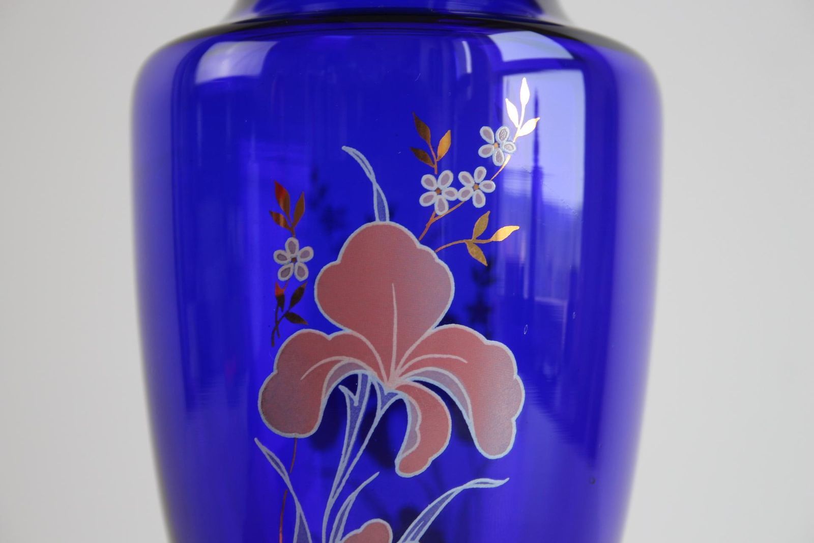 Bohemian Crystal Cobalt Blue Vase With Hand Painted Floral And Gold Details photo vinterior