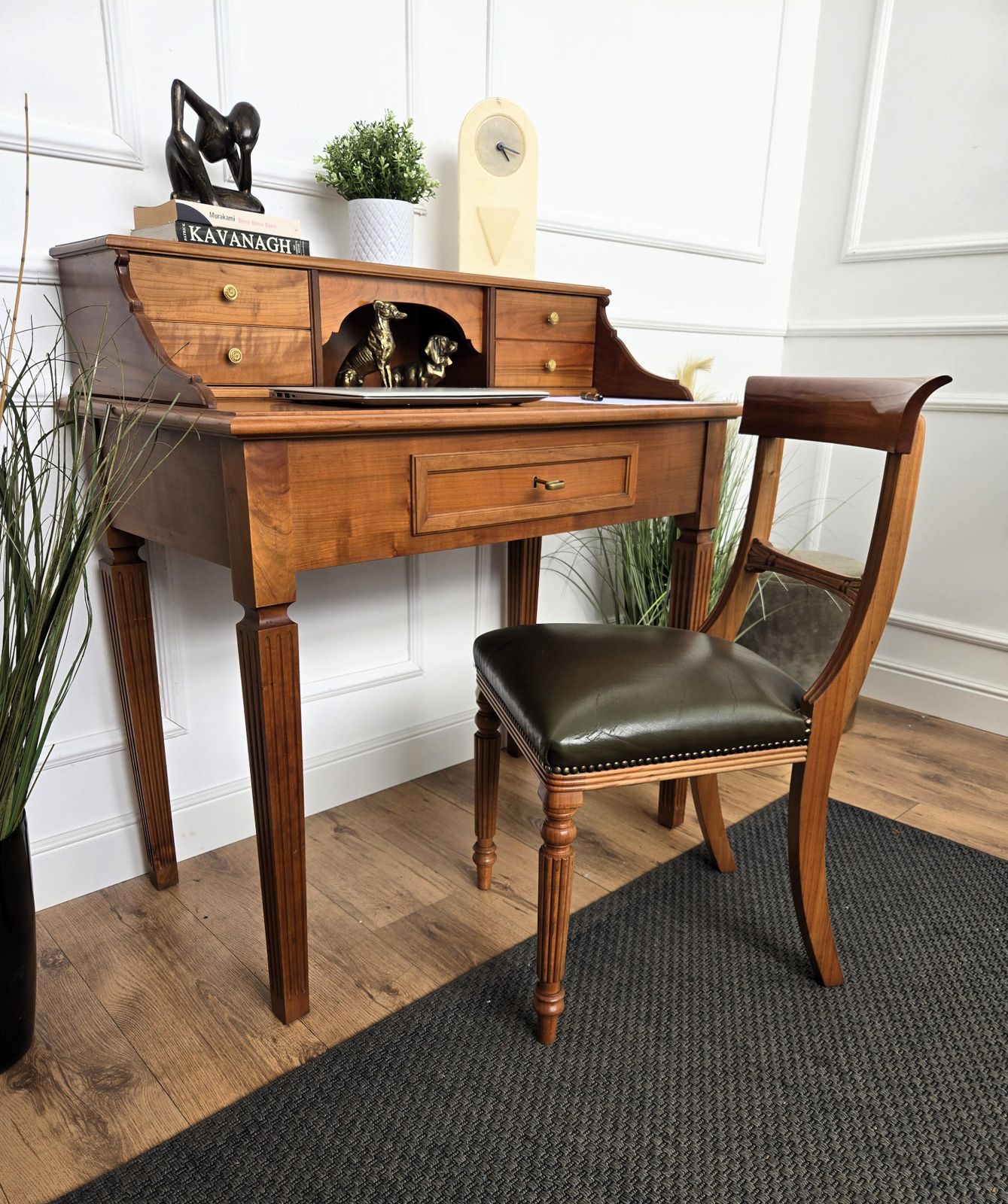 Mid Century Italian Carved Wood Writing Desk Console Table With Leather Chair photo for sale