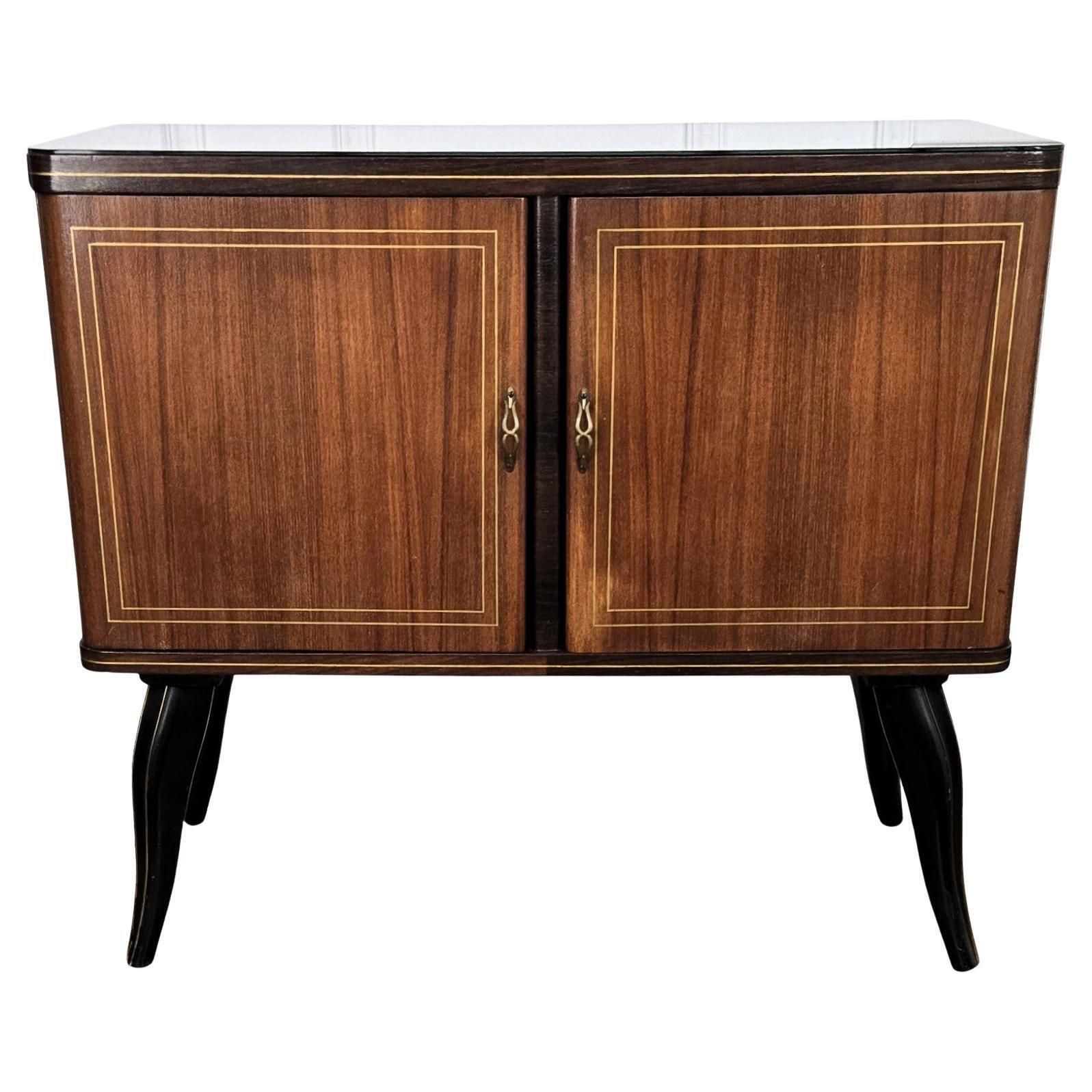 Italian 1950s Mid Century Modern Walnut And Mirror Mosaic Dry Bar Cabinet