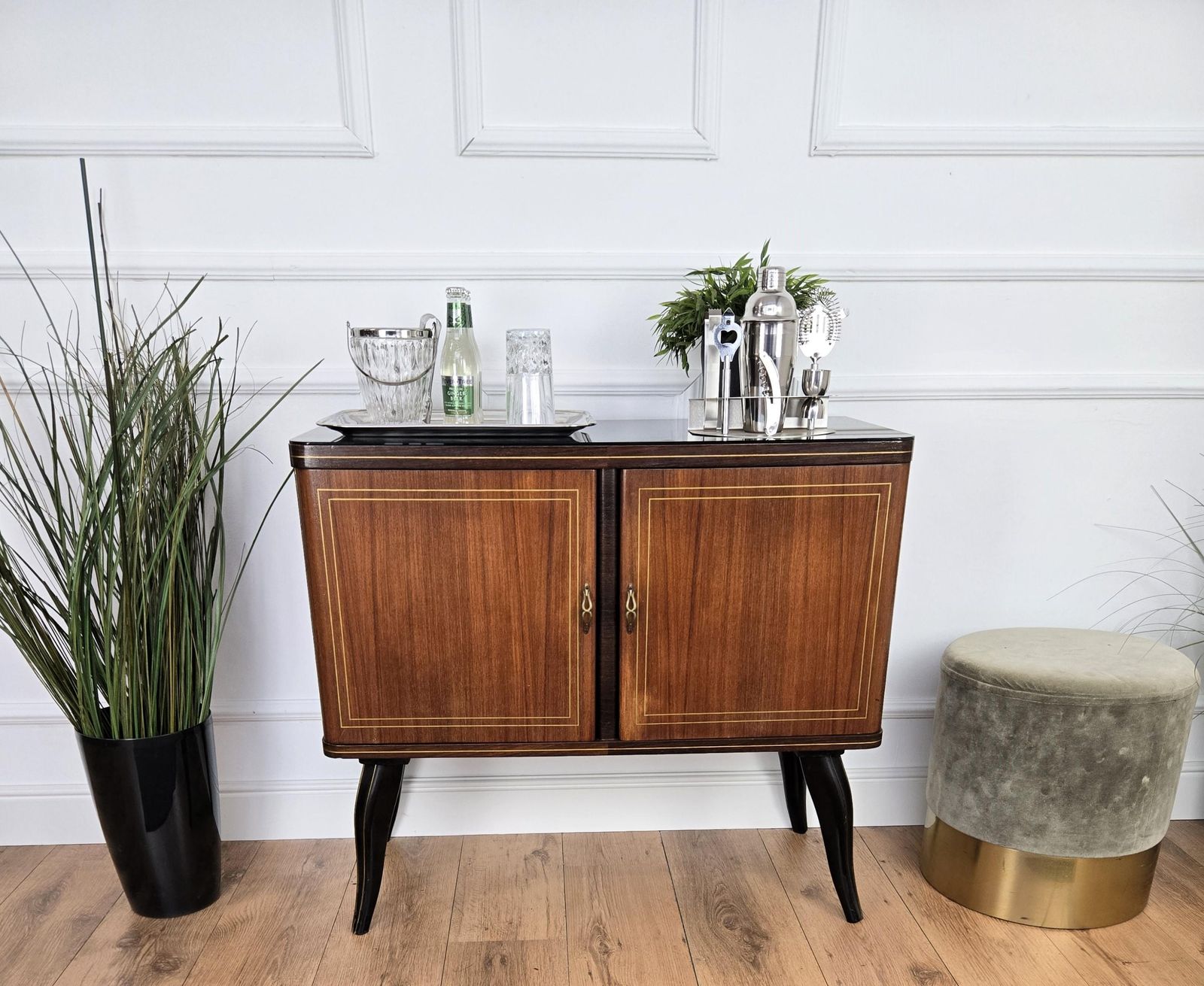 Italian 1950s Mid Century Modern Walnut And Mirror Mosaic Dry Bar Cabinet photo furniture